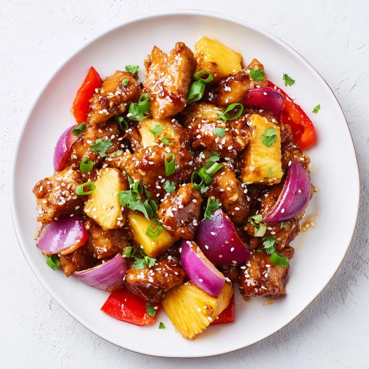 Marry Me Sheet Pan Hawaiian Chicken roasted with tender red and yellow bell peppers, sweet pineapple, and red onion wedges, finished with fresh cilantro and sesame seeds for a vibrant, tropical meal.