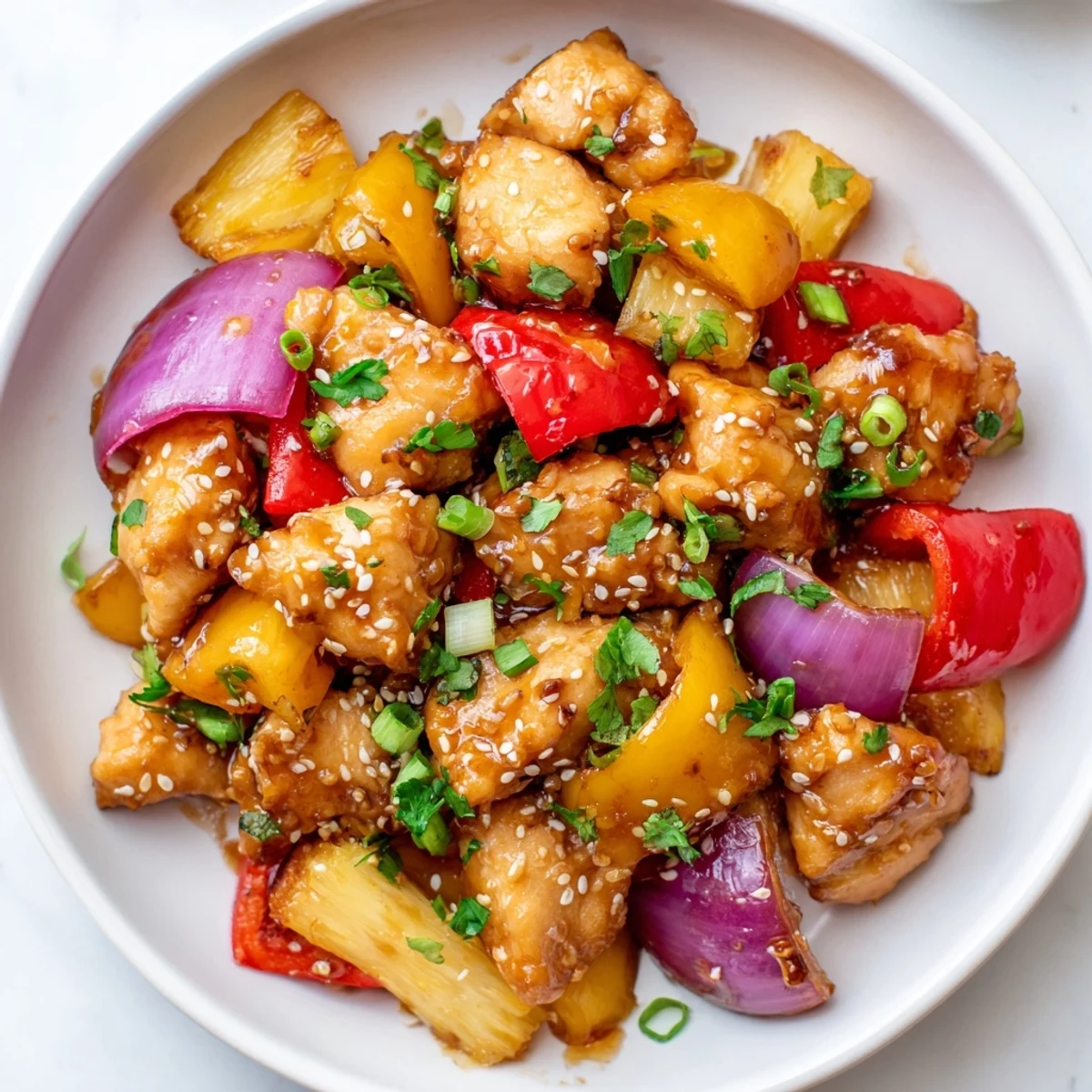 A close view of Marry Me Sheet Pan Hawaiian Chicken served with steamed rice, showcasing juicy chicken, glazed vegetables, and a drizzle of tangy Hawaiian-style sauce perfect for a family dinner.