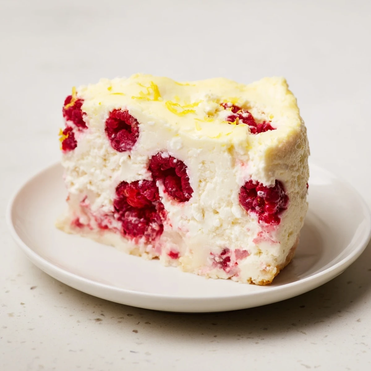 Freshly baked Lemon Raspberry Cottage Cheese Bake showing a golden, set top with vibrant red raspberries nestled inside a creamy, pale yellow custard.