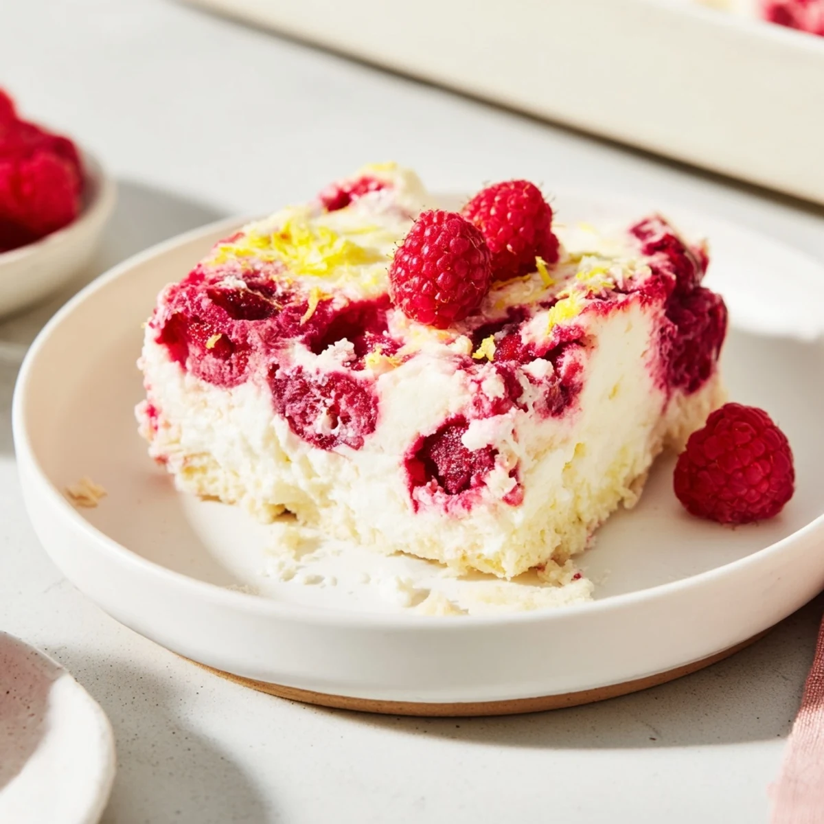 Sliced wedge of Lemon Raspberry Cottage Cheese Bake served on a white plate, with a dollop of whipped cream and extra berries for a tangy snack.