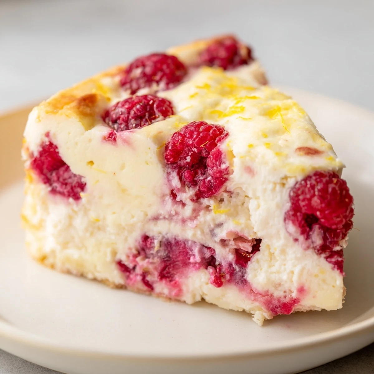 Cooling Lemon Raspberry Cottage Cheese Bake in a glass dish, featuring a smooth, light texture and zesty lemon aroma, perfect for a healthy brunch.