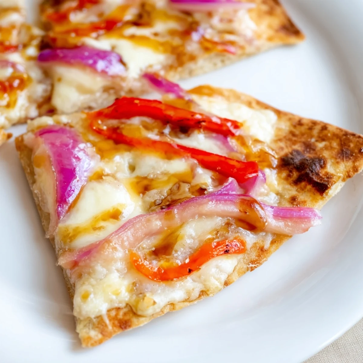 Crispy flatbread pizza topped with melted mozzarella, red onion, and vibrant bell peppers, finished with a drizzle of sweet heat honey garlic sauce.  