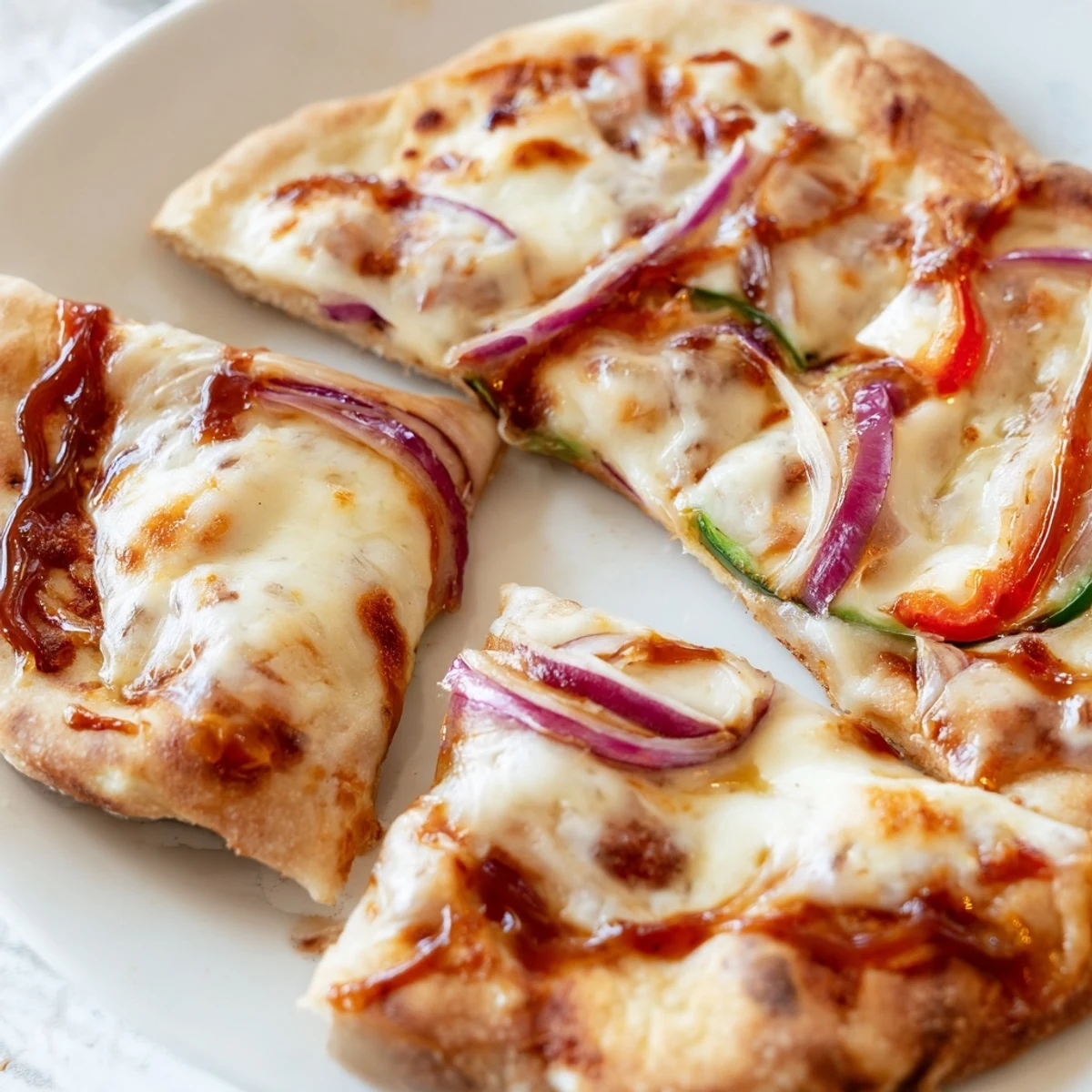 A close-up view of a golden-baked Sweet Heat Honey Garlic Flatbread Pizza slice, showcasing the bubbly cheese and fresh cilantro garnish.  