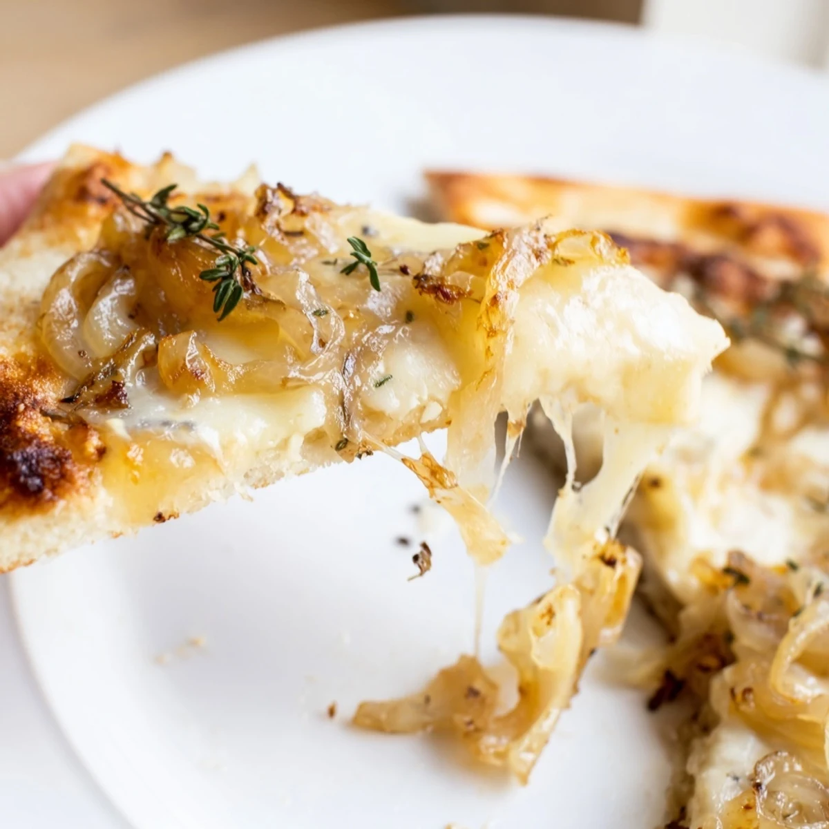 A close-up of a golden-brown Caramelized Onion Pizza with Melty Cheese, topped with fresh arugula on a wooden board.