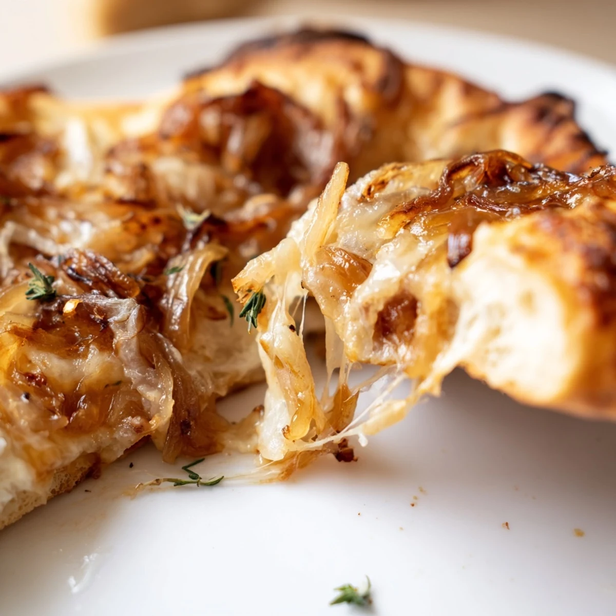 The delicious Caramelized Onion Pizza with Melty Cheese rests on a cooling rack, featuring bubbly brown cheese and caramelized onions.