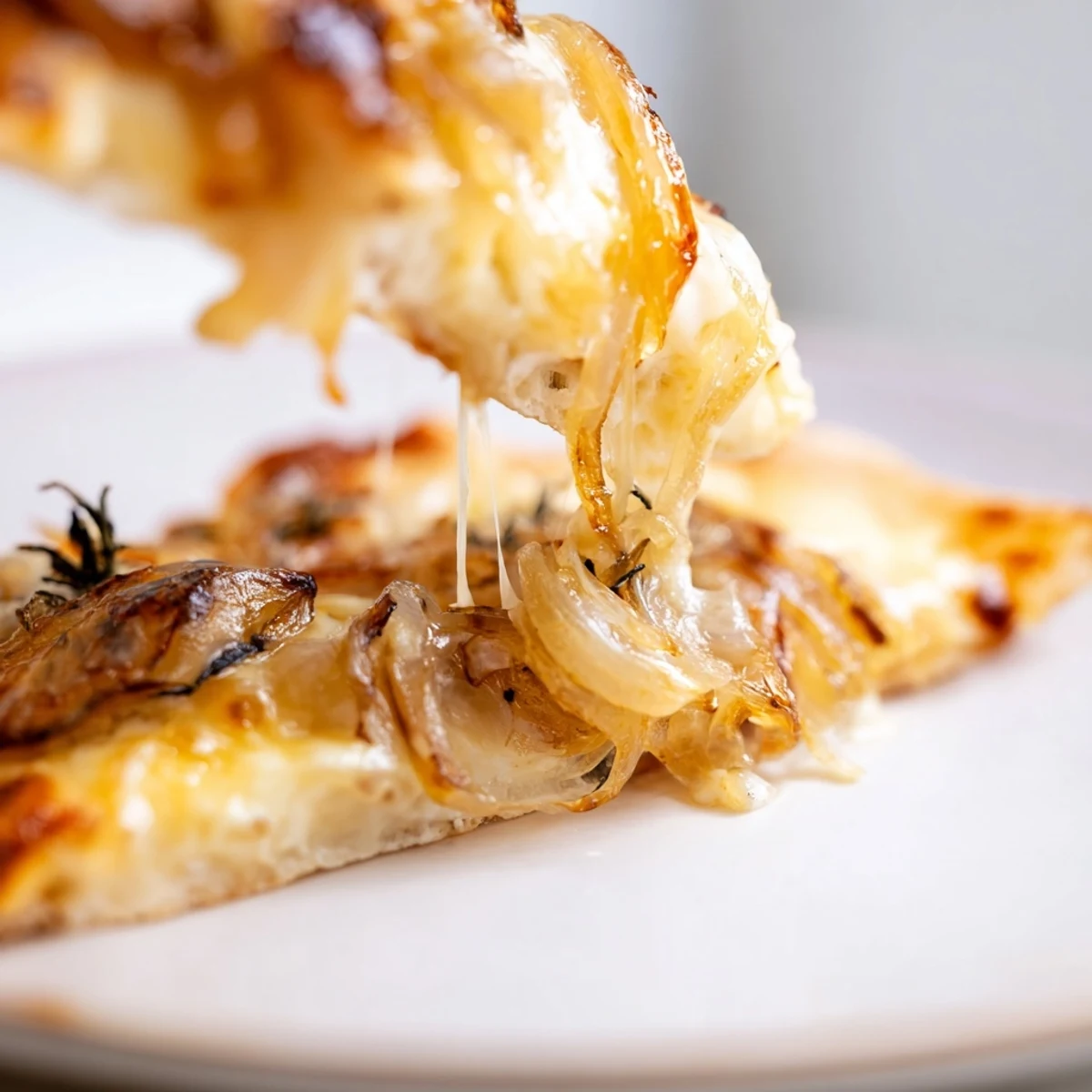 A rustic serving of Caramelized Onion Pizza with Melty Cheese, sliced and ready to enjoy on a marble countertop.