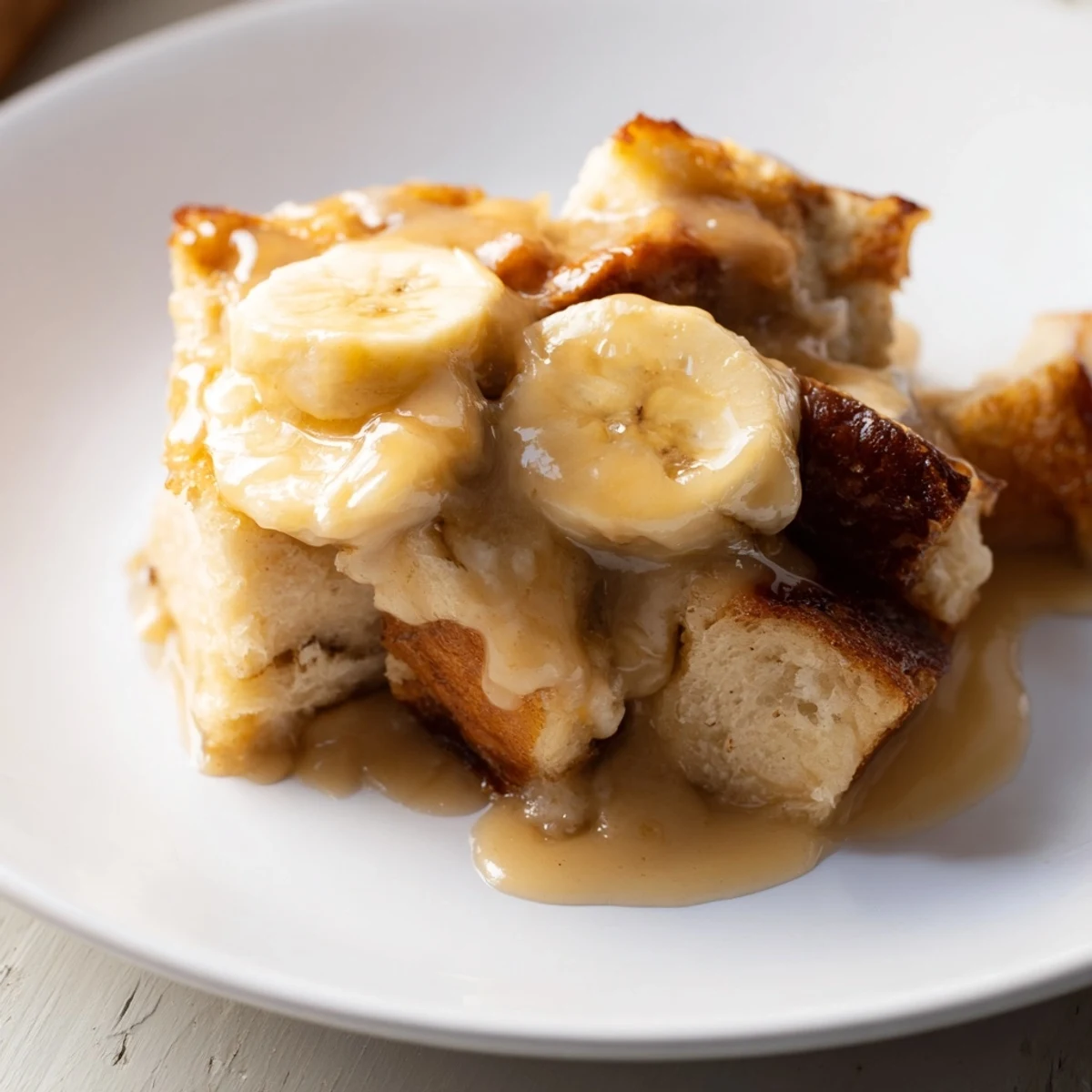 Creamy Bananas Foster Bread Pudding showcases caramelized bananas and rum sauce on golden baked custard.