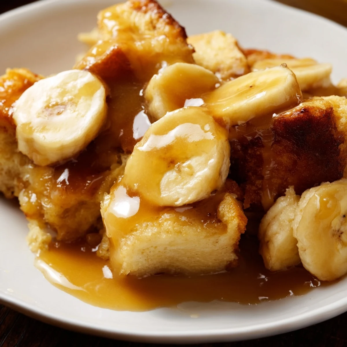 Serving suggestion of warm Creamy Bananas Foster Bread Pudding with ice cream melting on top.