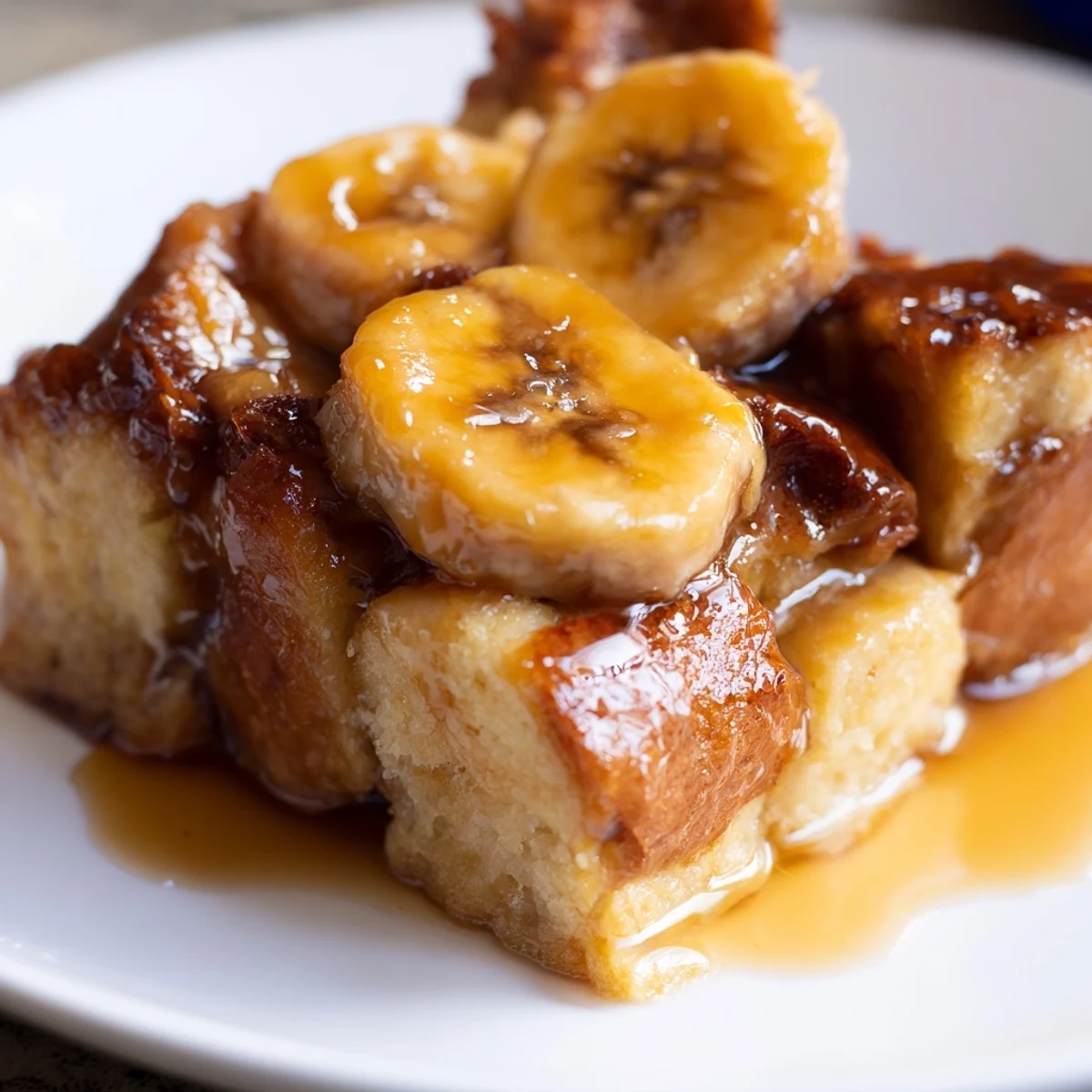 Close-up of Creamy Bananas Foster Bread Pudding with glossy sauce and soft bread texture.