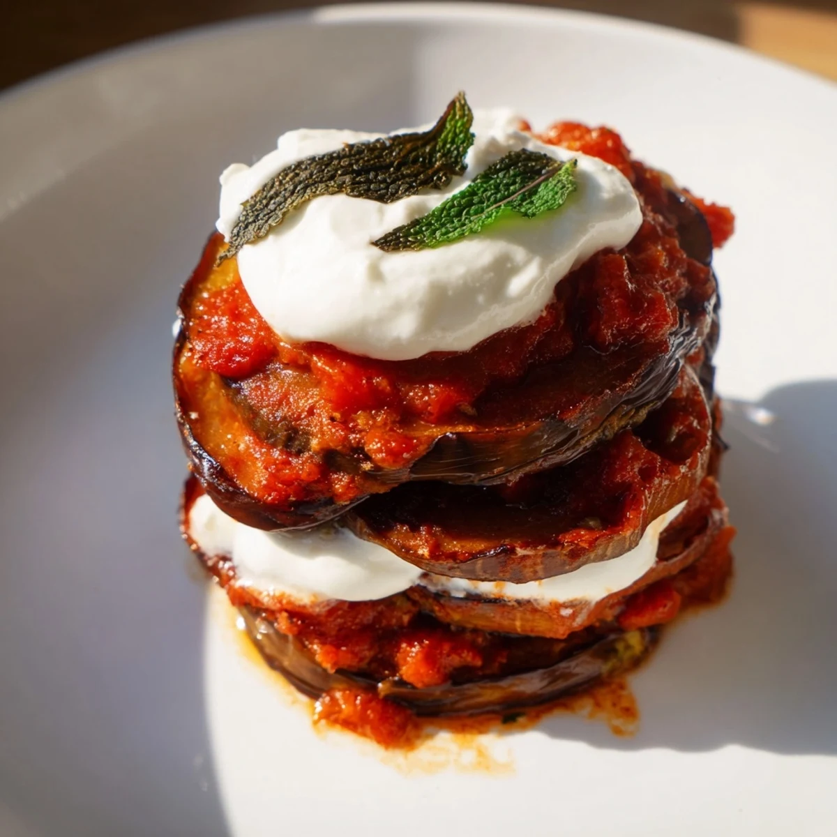 The Borani Banjan recipe shows creamy yogurt sauce drizzled over spiced tomato layers.