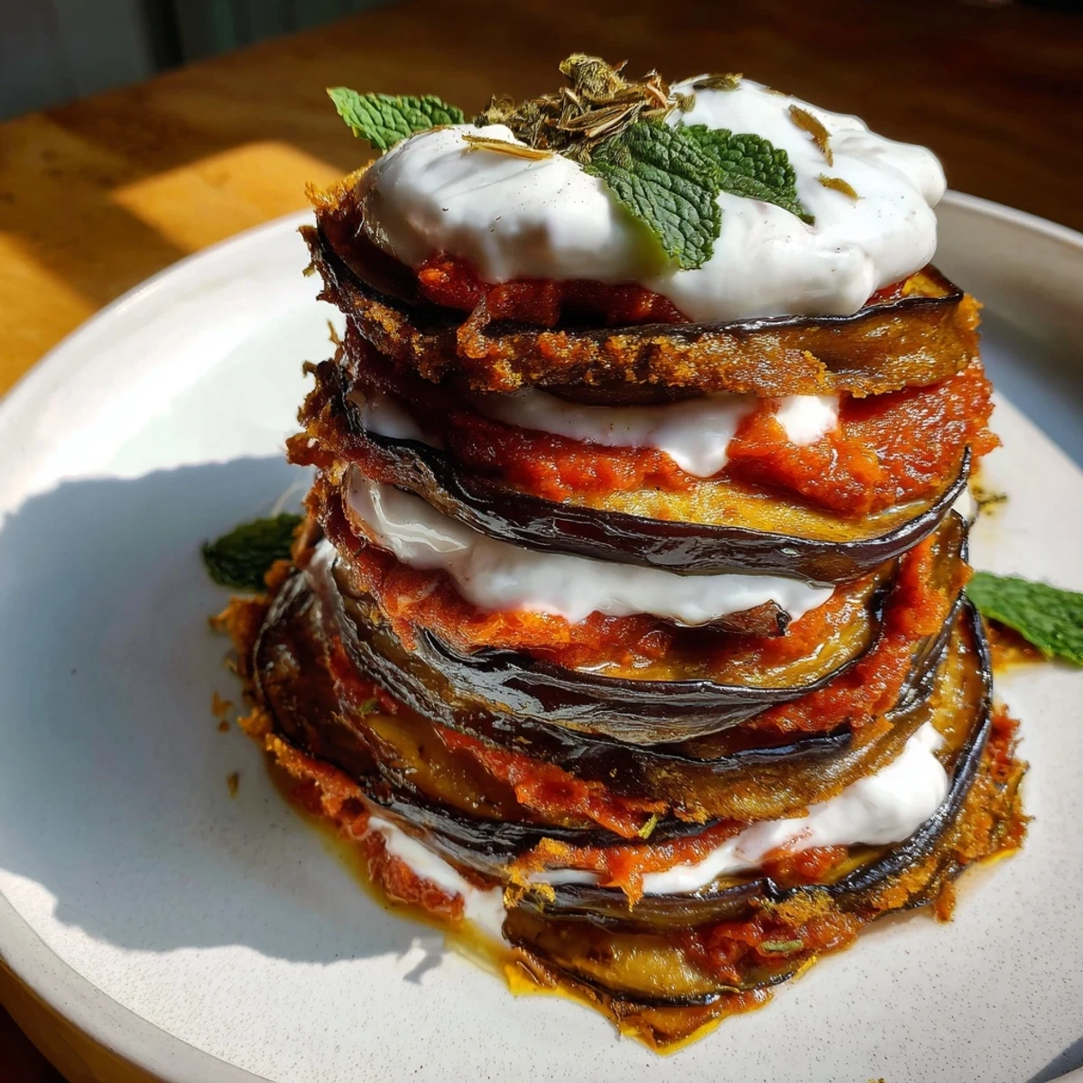 A close-up of Borani Banjan served with Afghan naan and fresh cilantro garnish.