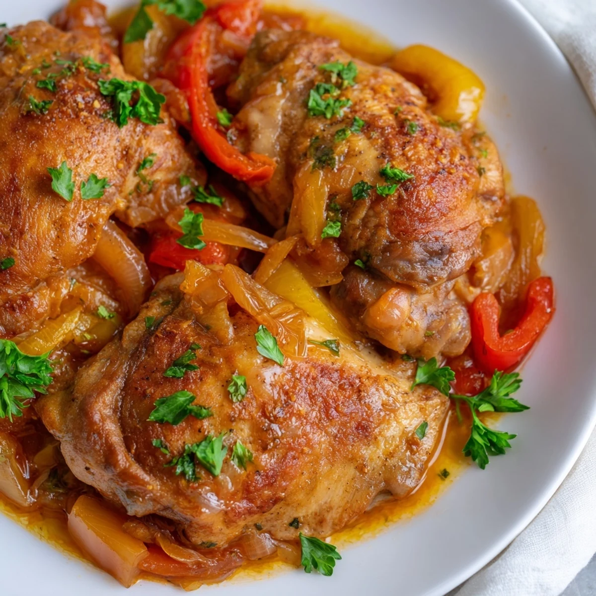 A close-up of Braised Catalina Chicken served over rice with chopped parsley garnish, ready for a comforting American dinner.