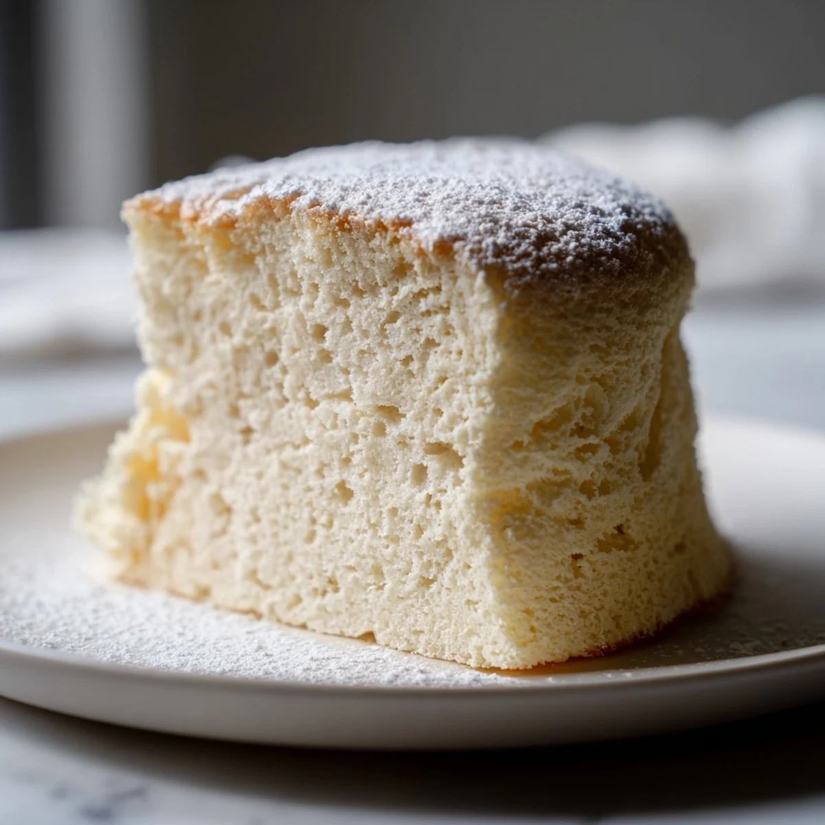 A golden Fluffy Yogurt Cloud Cake sits dusted with powdered sugar on a rustic plate, ready to serve with fresh berries for a light dessert.