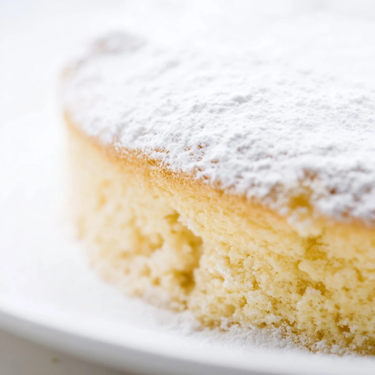 Close-up of a Fluffy Yogurt Cloud Cake slice showing its airy crumb and delicate tang, beside a steaming cup of tea for teatime.