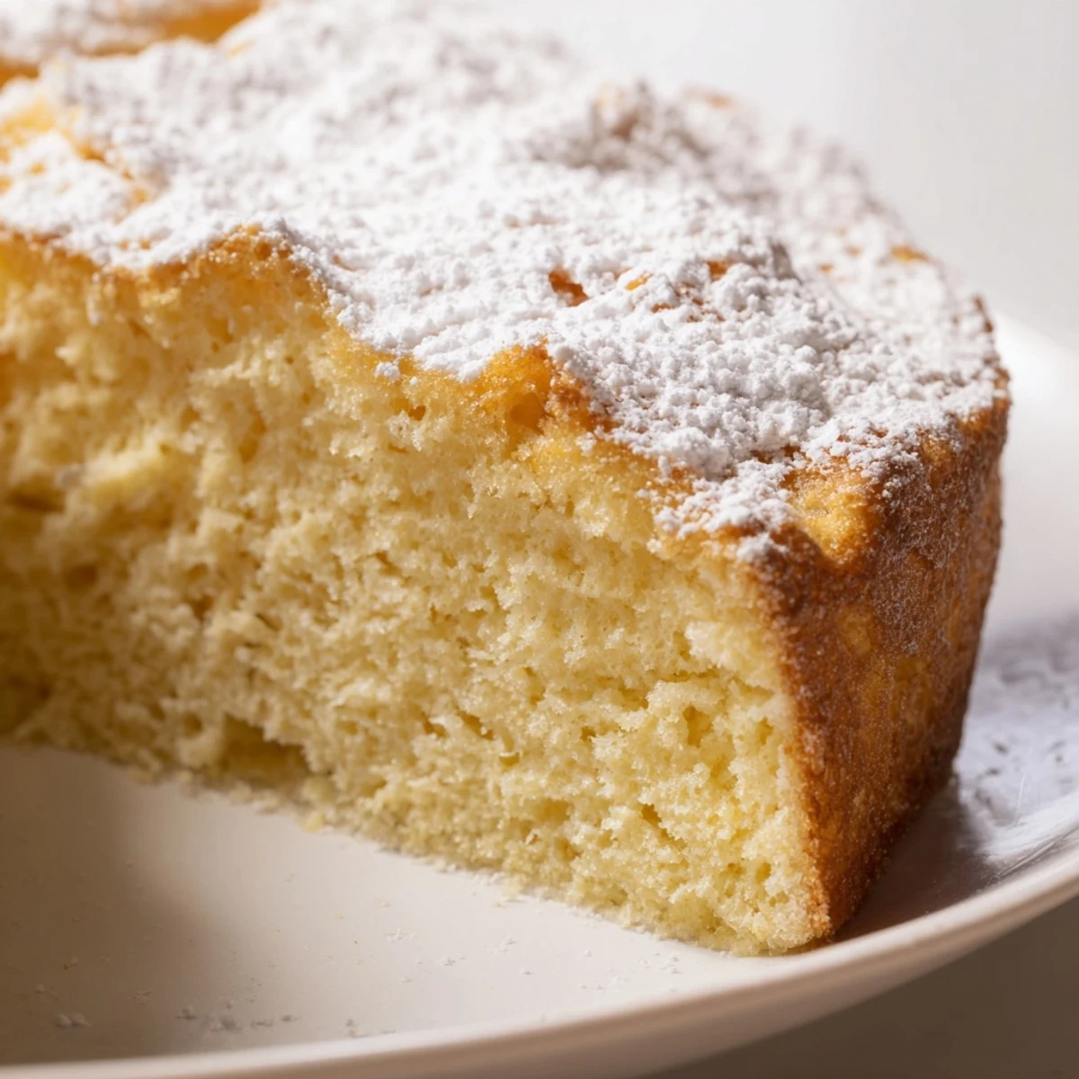 An entire Fluffy Yogurt Cloud Cake baked to perfection, presented on a wooden board with a dusting of powdered sugar for a refreshing sweet treat.