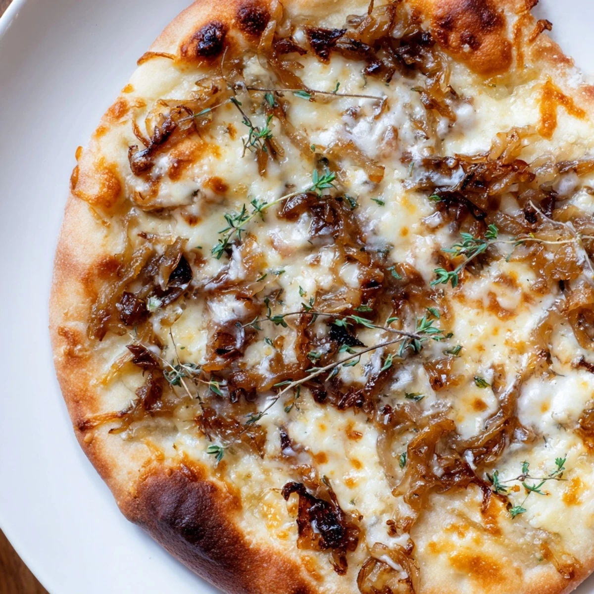 Freshly baked Caramelized Onion Pizza with melty cheese on a wooden board, topped with golden onions and thyme.  