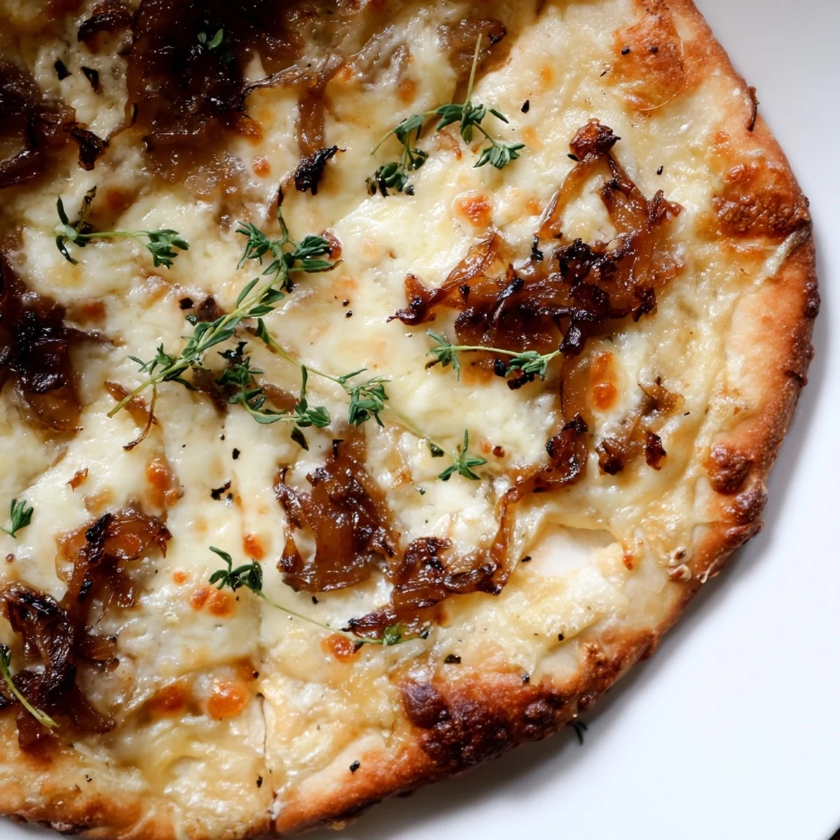 Sliced Caramelized Onion Pizza served hot, with caramelized onions and melted cheese on a rustic table.