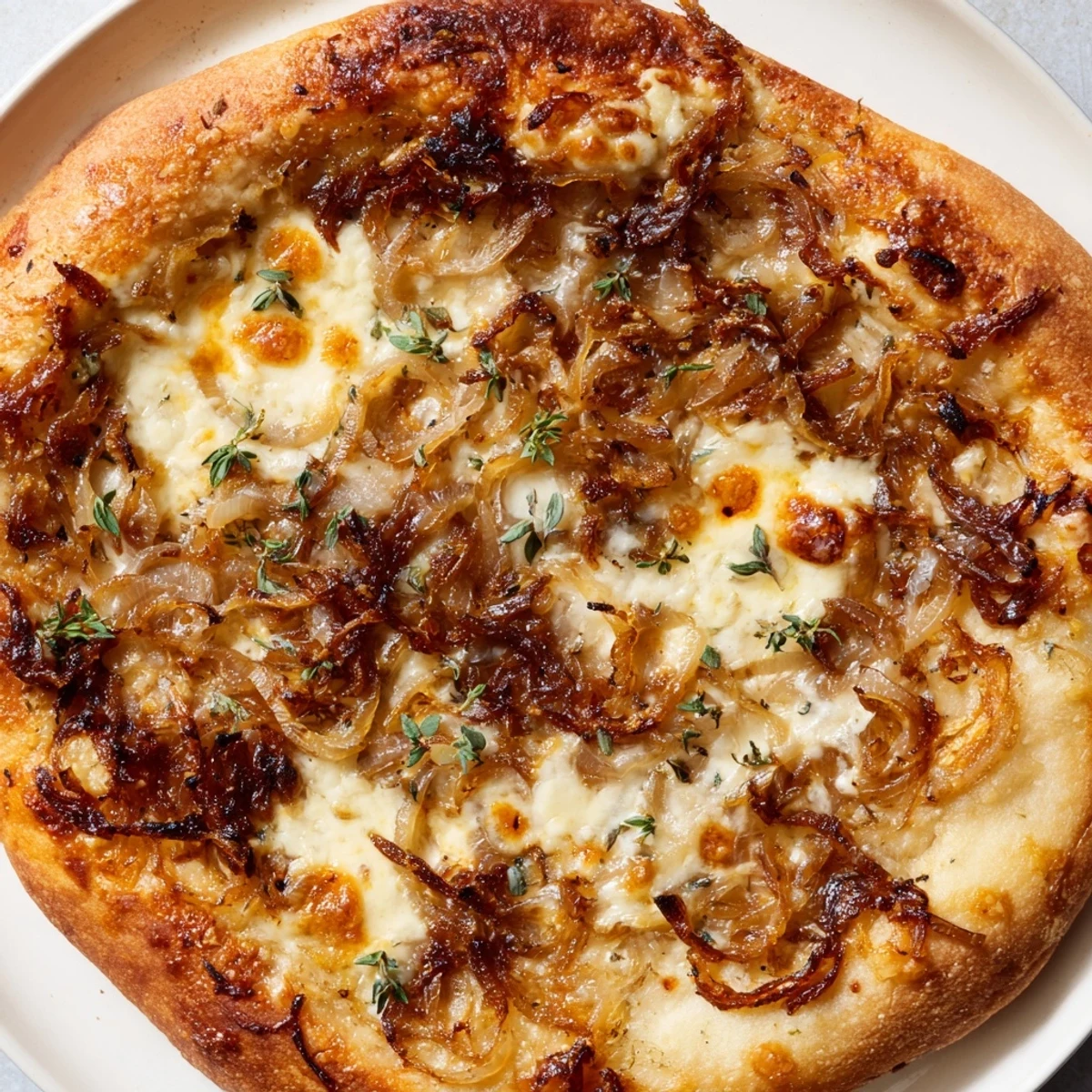 A close-up of Caramelized Onion Pizza showing gooey mozzarella and fontina cheese stretching with each slice.  