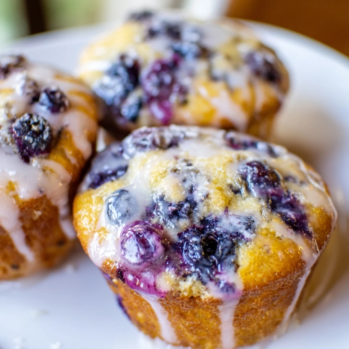 Lavender Blueberry Tea Cakes with a lemon glaze on a rustic wooden table. 
