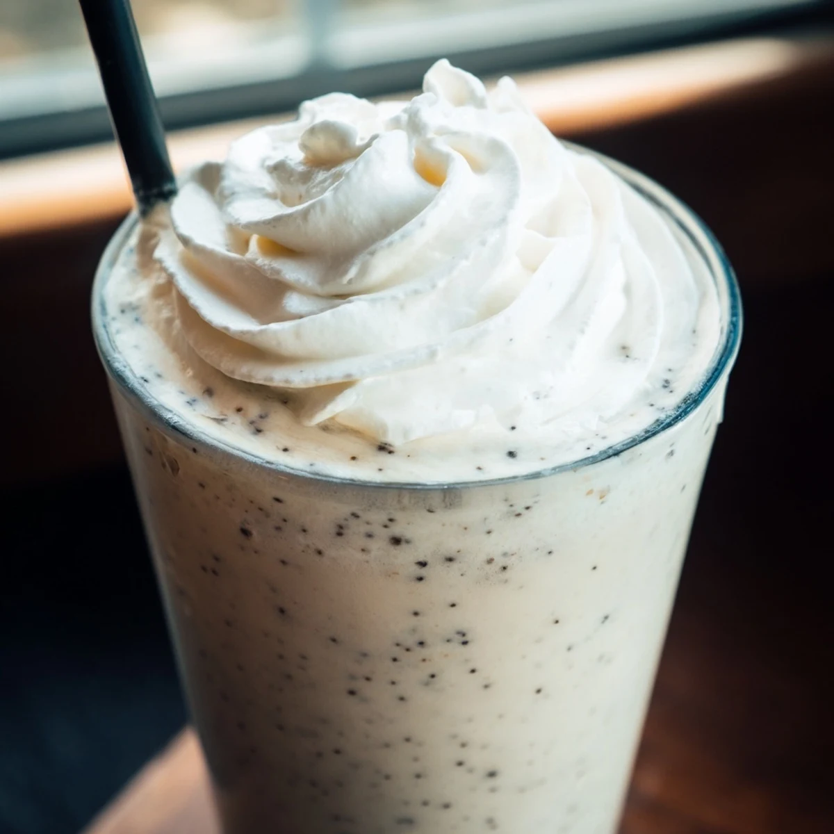 Homemade Starbucks Vanilla Bean Frappuccino recipe with vanilla bean ice cream, milk, and a fluffy whipped cream topping.