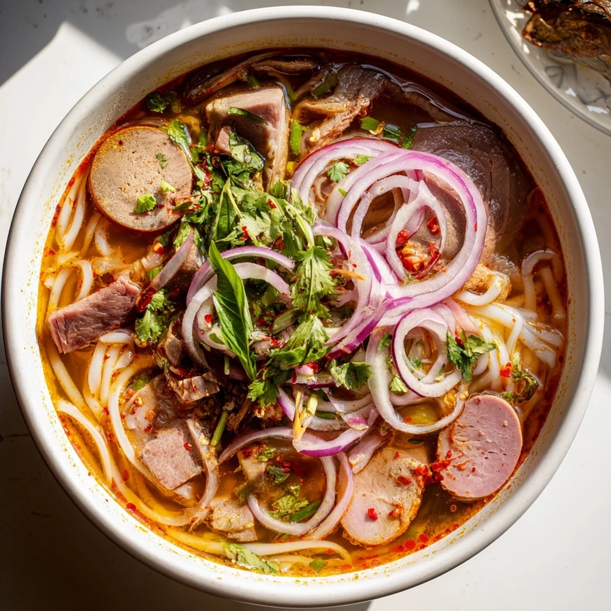 Serving suggestion of Bun Bo Hue with lime wedges and bean sprouts on a rustic wooden table.