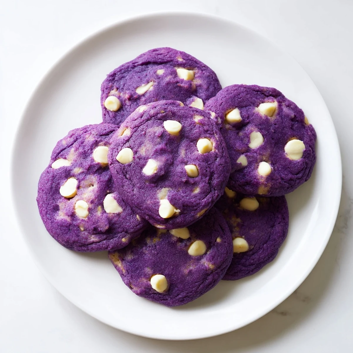 Vibrant purple White Chocolate Ube Cookies with creamy white chips on a cooling rack.