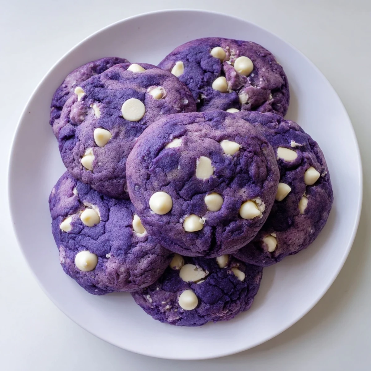 Close-up of soft, chewy White Chocolate Ube Cookies studded with melted white chocolate.