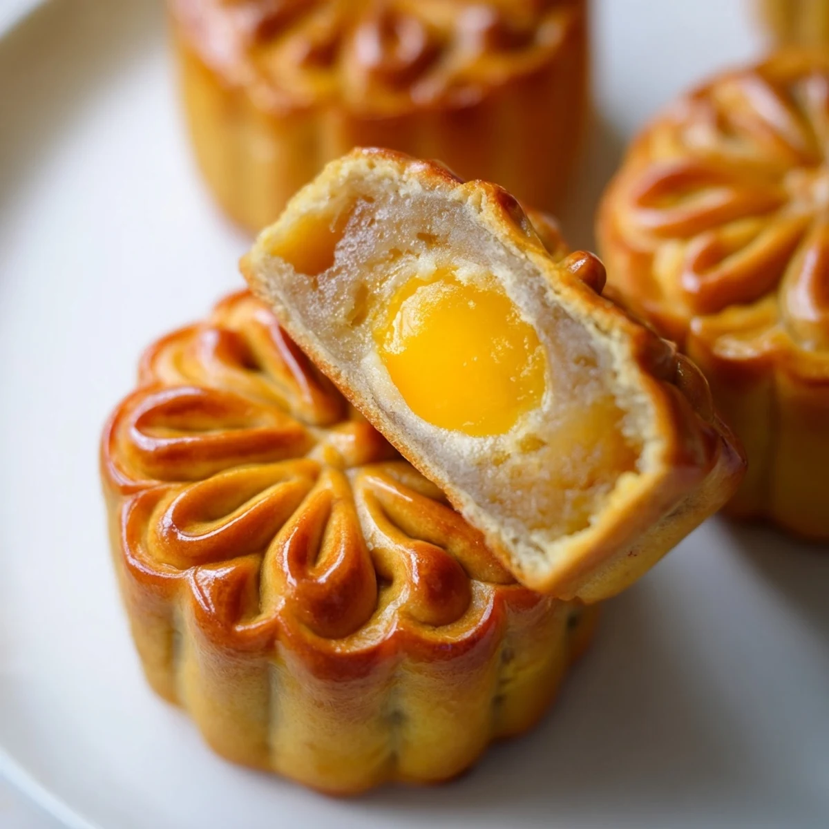 A freshly baked golden Mooncake reveals its delicate, patterned crust and rich lotus seed filling, ready to be served with warm Chinese tea.