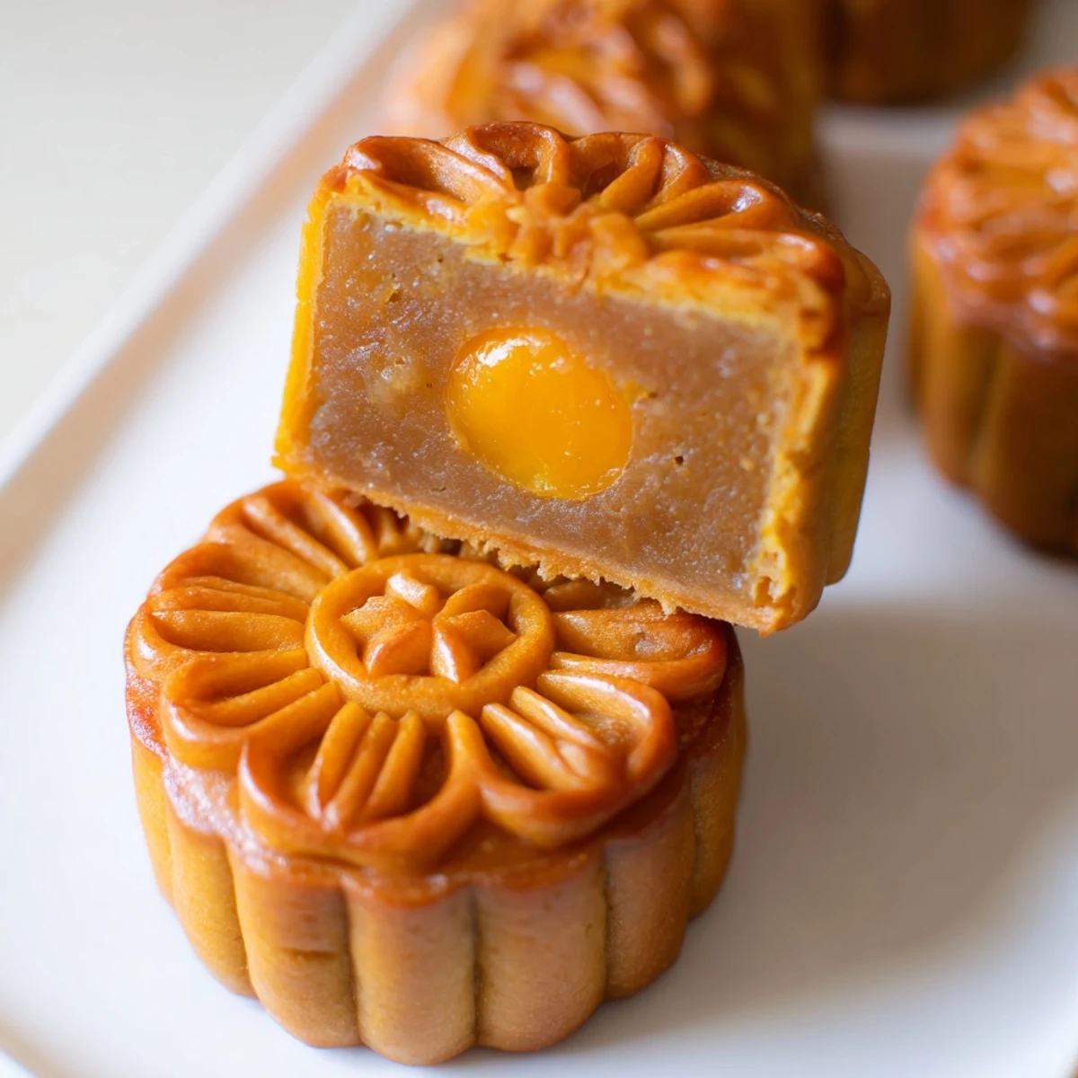 Close-up of a traditional Mooncake showcasing intricate mold impressions, a glossy glaze, and a soft texture, perfect for the Mid-Autumn Festival.