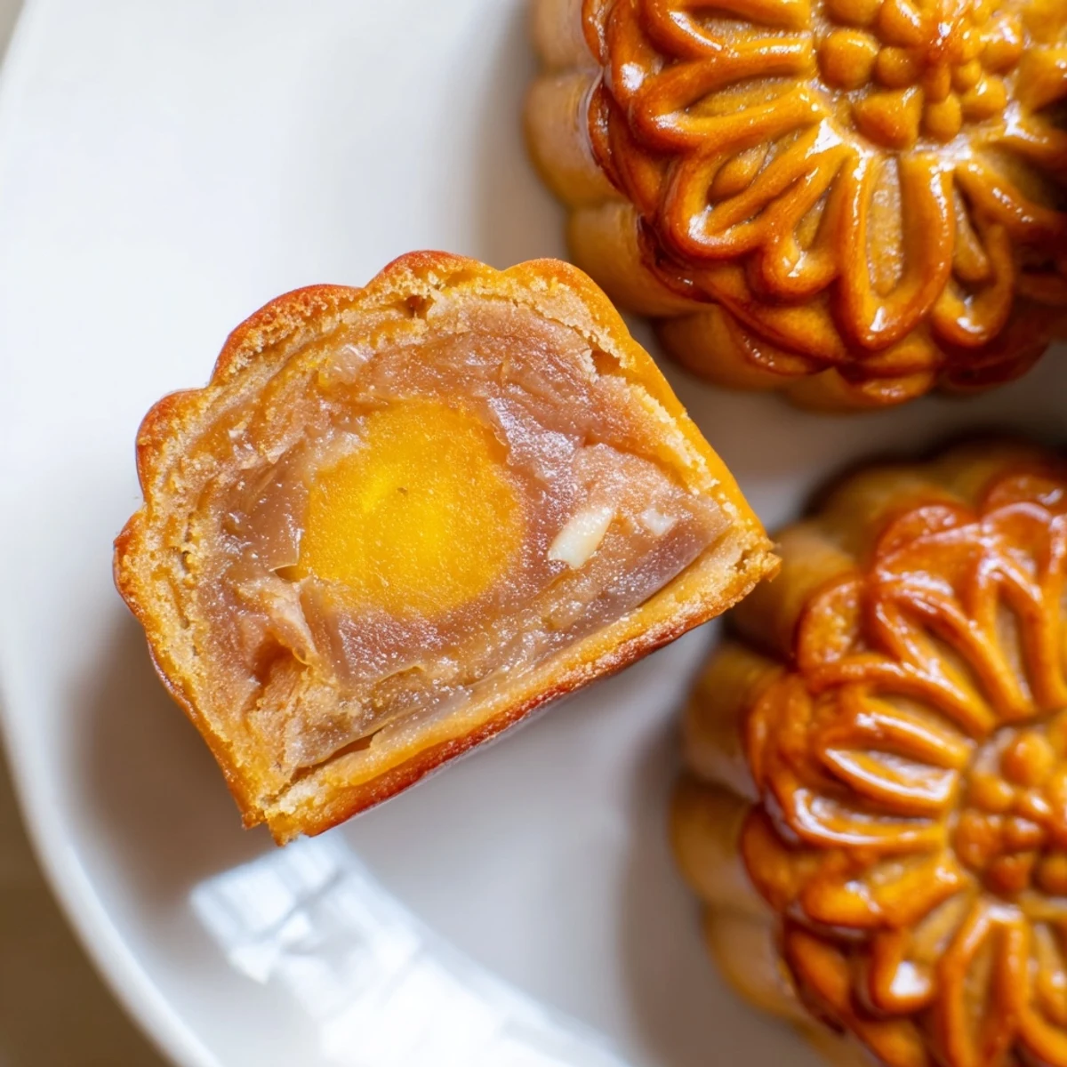 Golden brown Mooncake with a tender, slightly chewy pastry encasing a sweet, dense filling sits elegantly on a decorative plate.