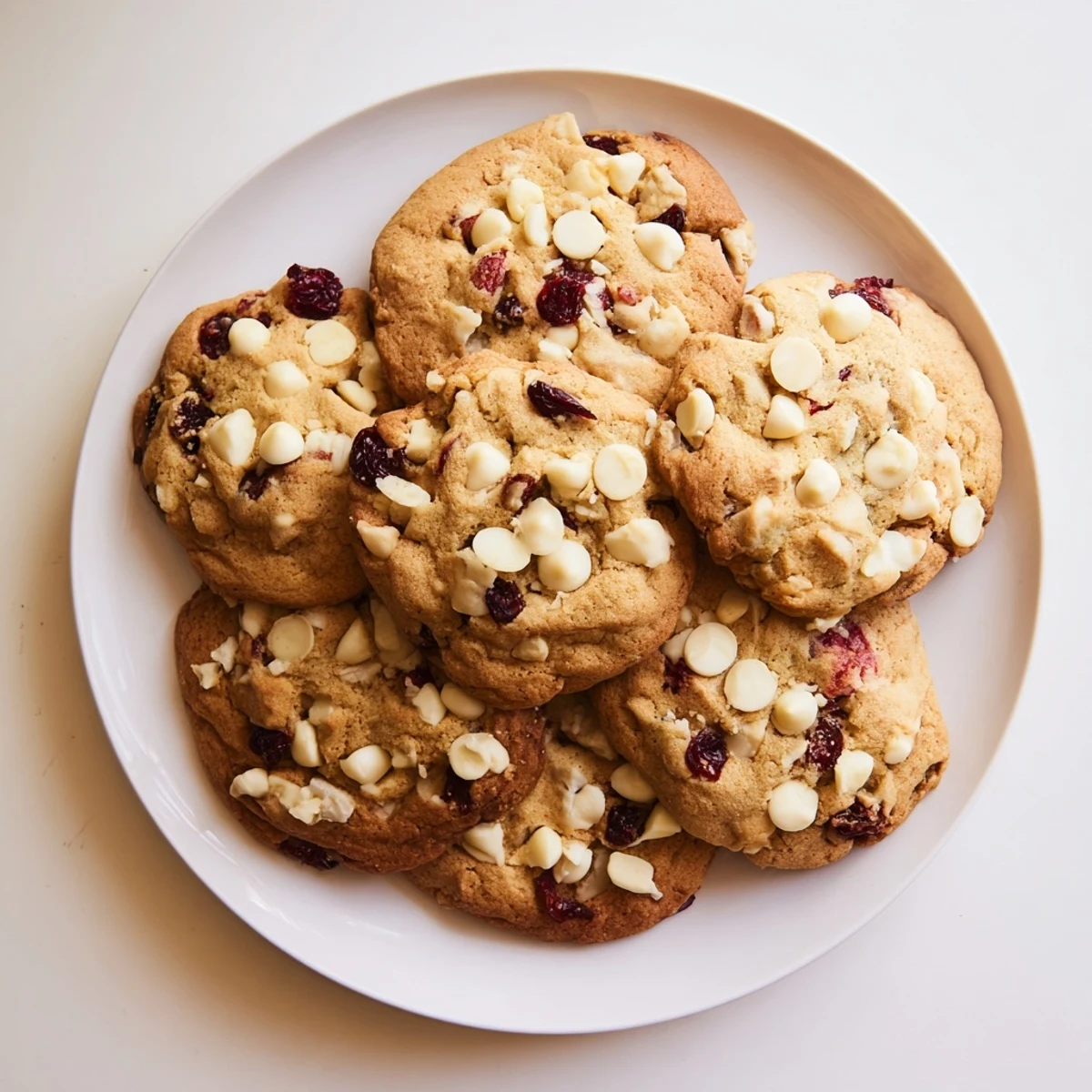 Warm White Chocolate Cranberry Cookies feature tart dried cranberries and soft centers, stacked on a plate ready to enjoy.