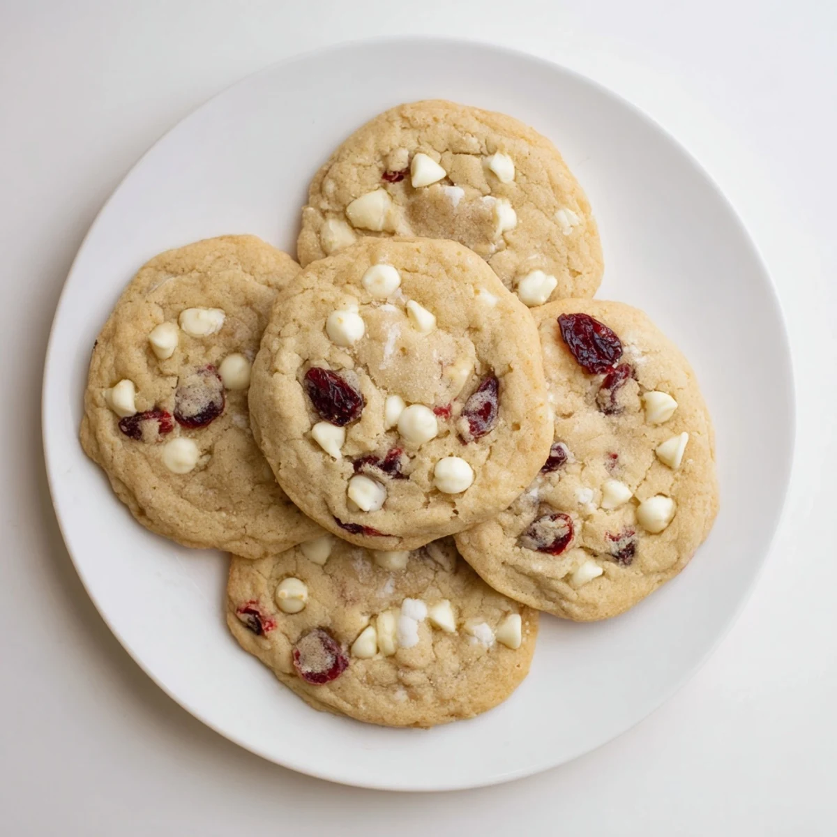Freshly baked White Chocolate Cranberry Cookies with chewy edges and creamy white chocolate chips scattered on a rustic wooden board.