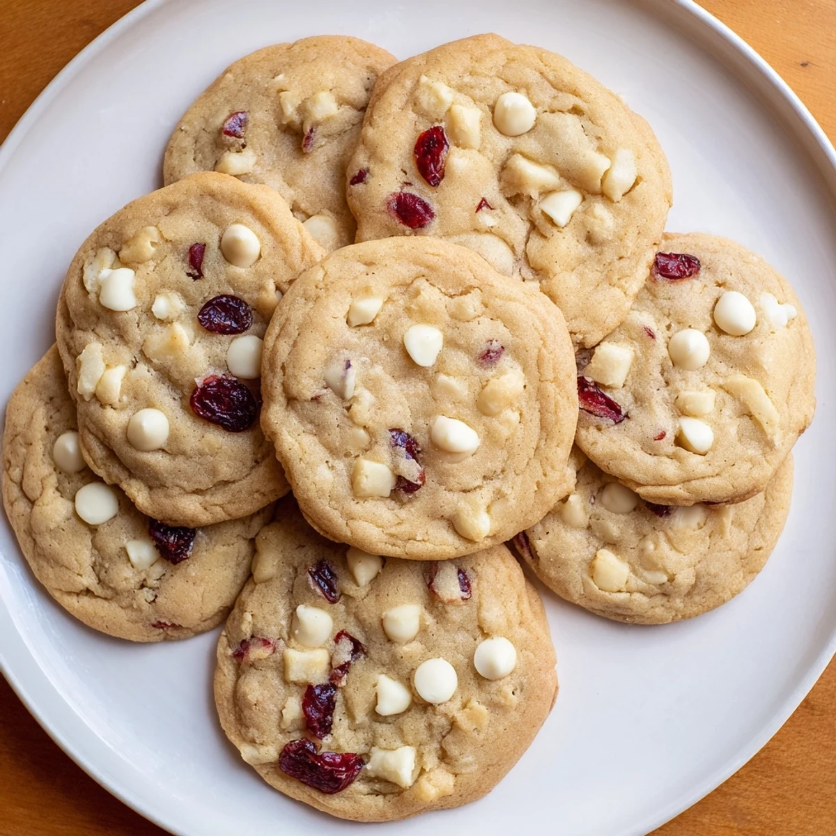 Golden White Chocolate Cranberry Cookies arranged on a baking sheet with parchment paper, showcasing gooey white chocolate and ruby cranberries.