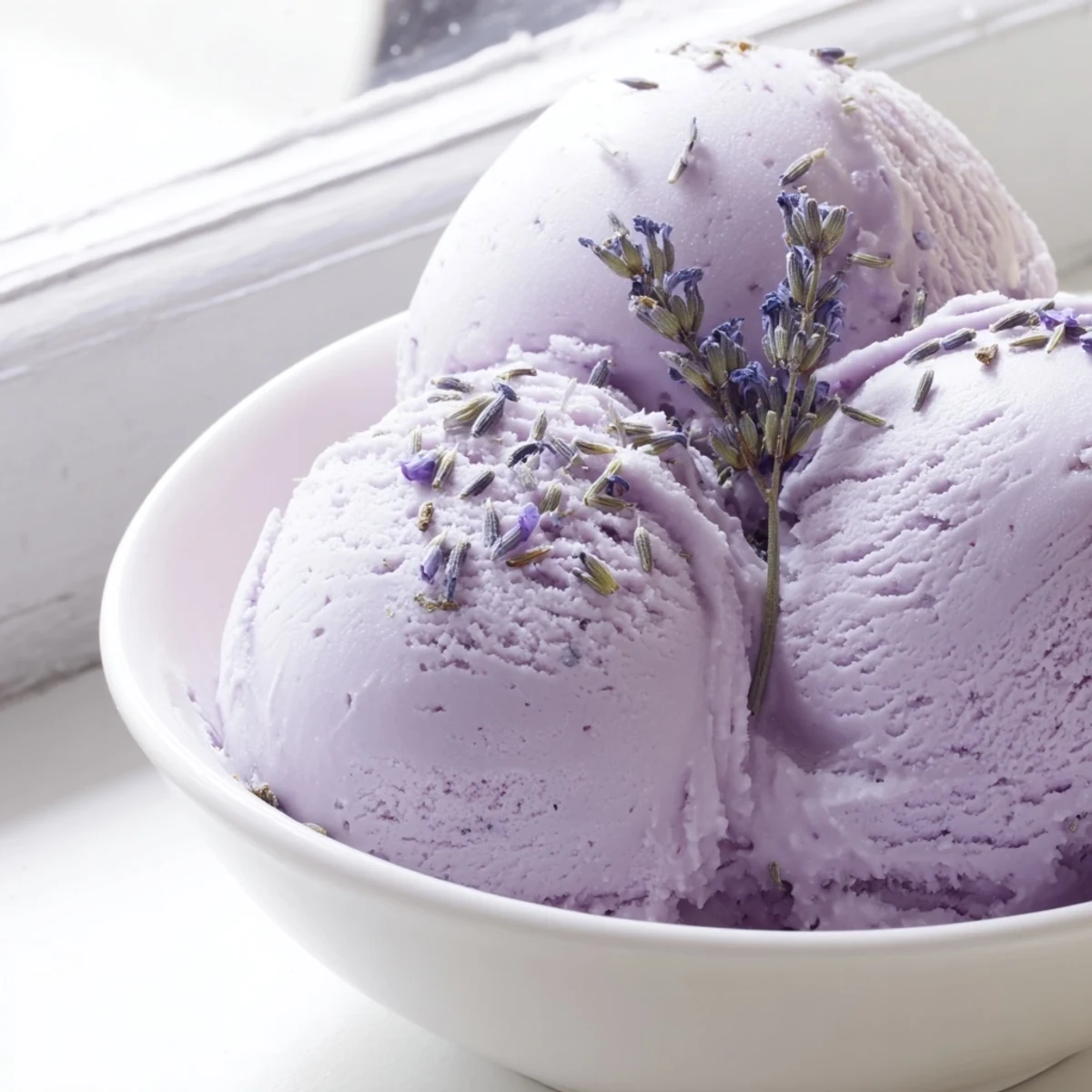 A scoop of lavender ice cream with a fresh mint leaf and shortbread cookie.