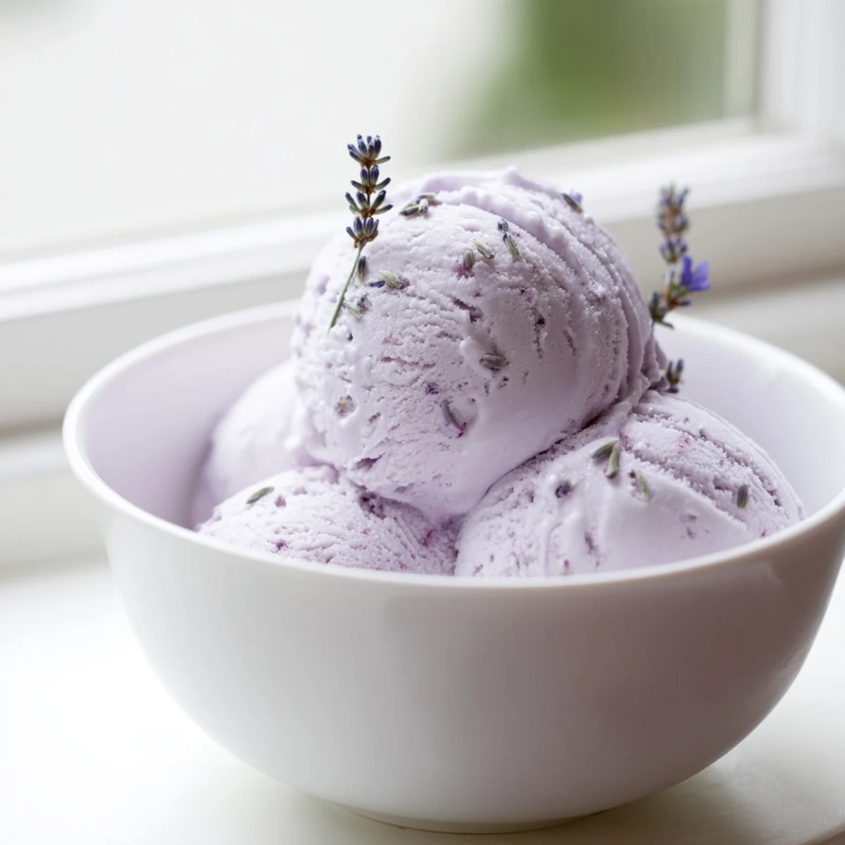 Smooth purple-hued lavender ice cream in a chilled glass bowl with a spoon.
