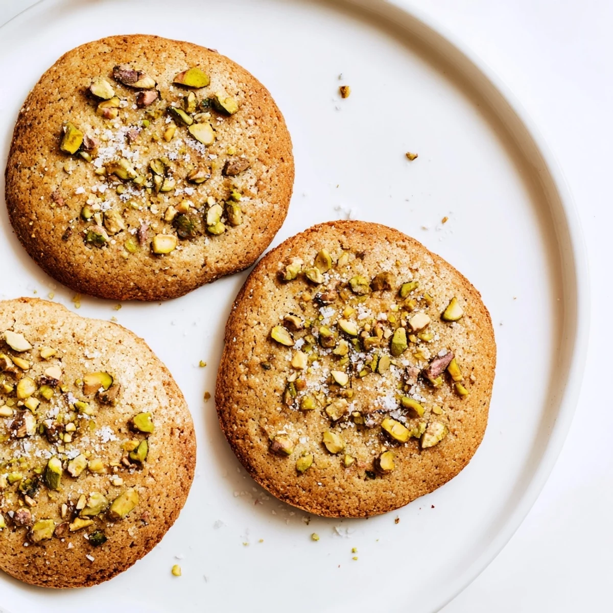 Close-up of freshly baked Salted Honey Pistachio Cookies on a rustic wooden board with scattered pistachios and honey drizzle.