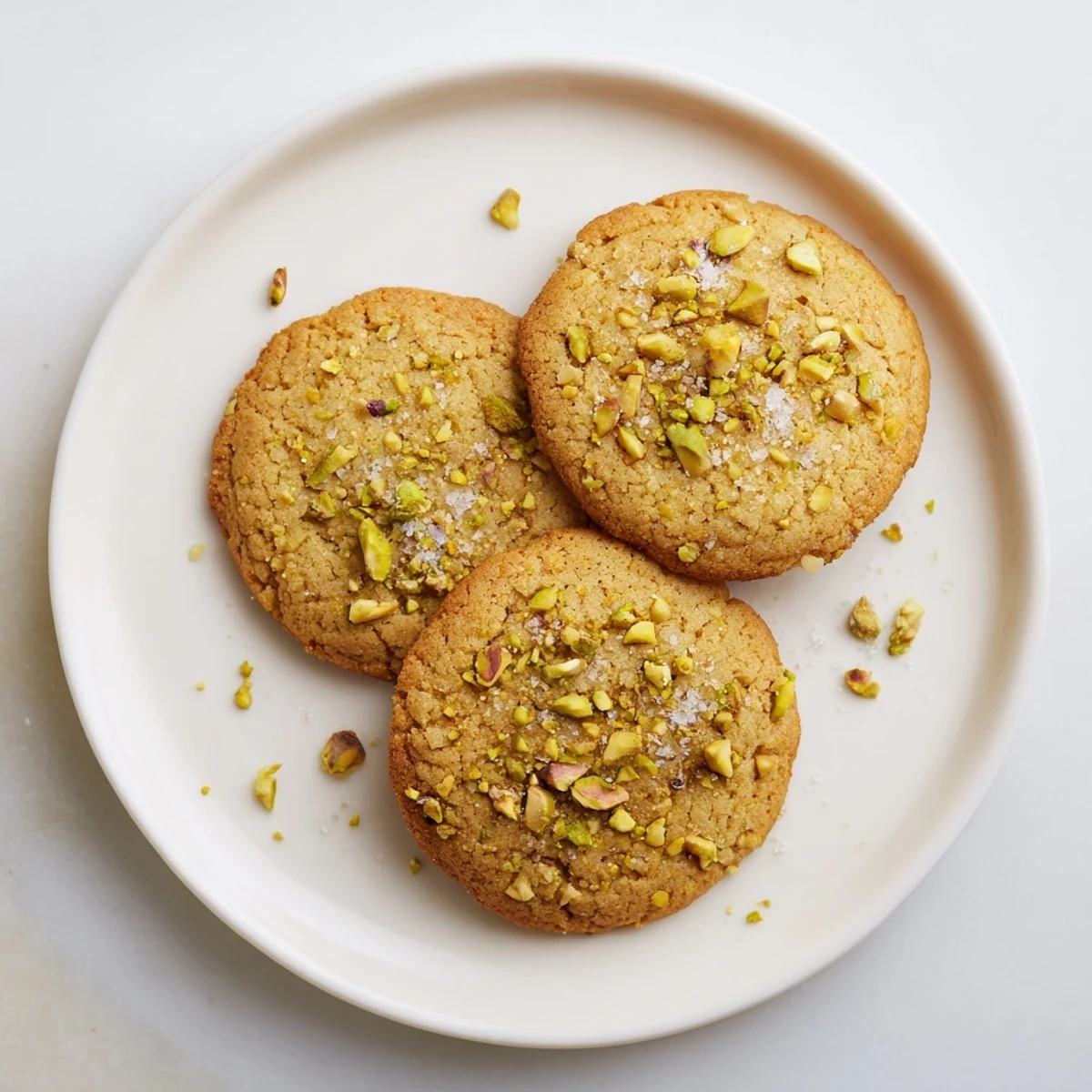 Freshly baked Salted Honey Pistachio Cookies showcase golden edges and a chewy center, topped with crushed pistachios and flaky sea salt.