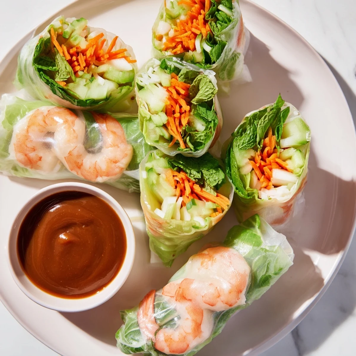 Freshly rolled Vietnamese Spring Rolls with crisp carrots, cucumber, and shrimp, served with a creamy peanut dipping sauce.