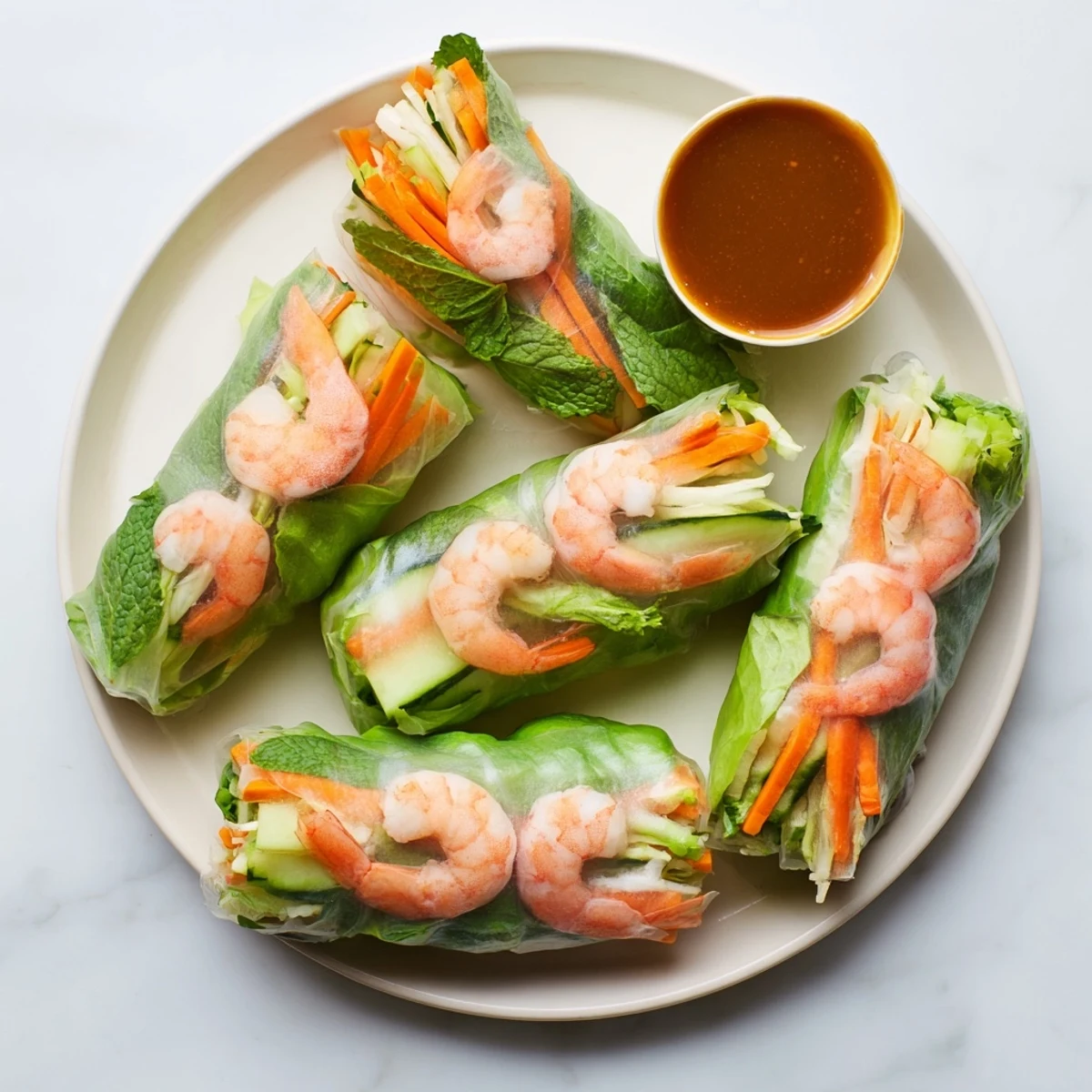 Soft rice paper-wrapped Vietnamese Spring Rolls with vibrant lettuce and mint, paired with a rich, homemade peanut dipping sauce.