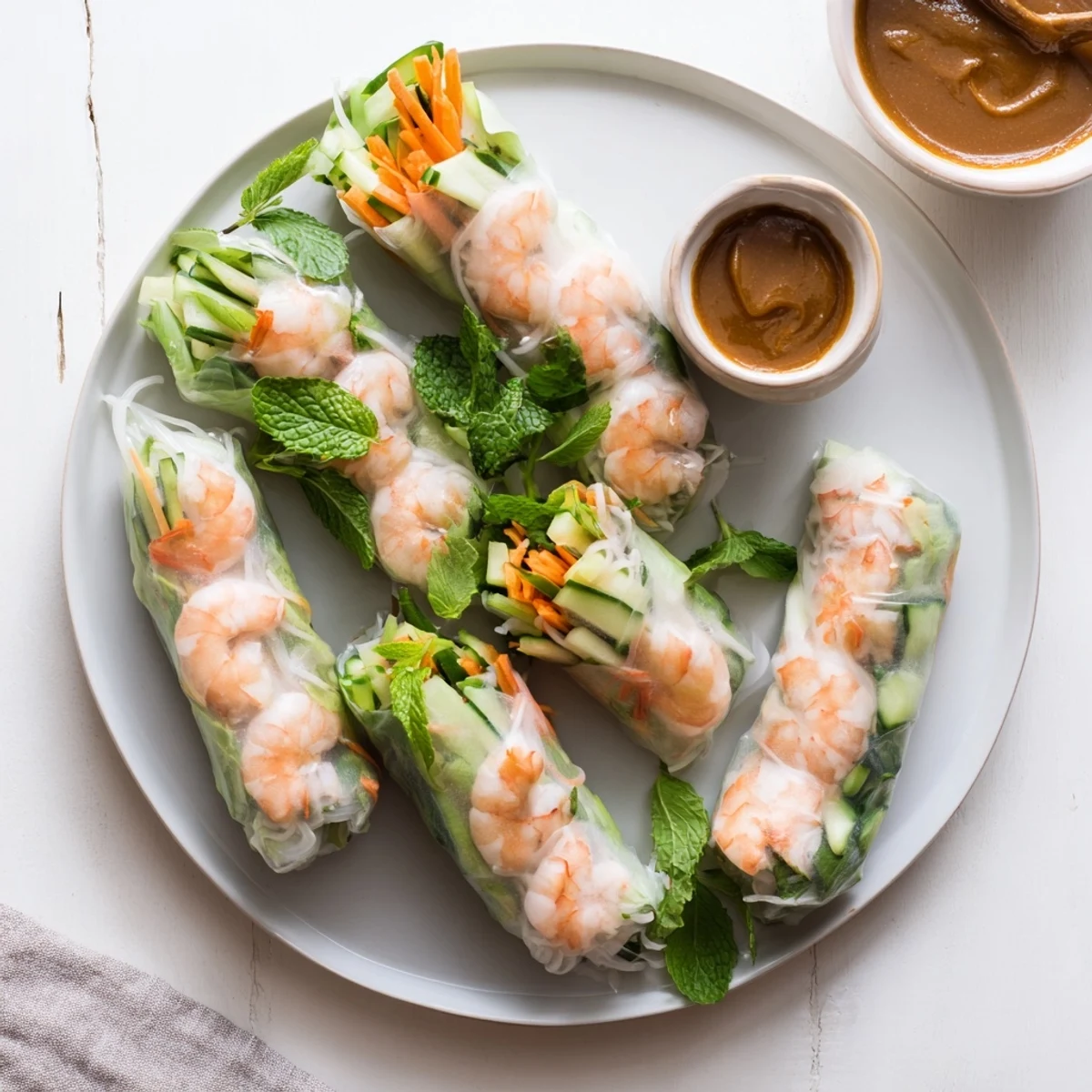 Vietnamese Spring Rolls filled with tender rice noodles, herbs, and vegetables, displayed beside a small bowl of savory peanut sauce.
