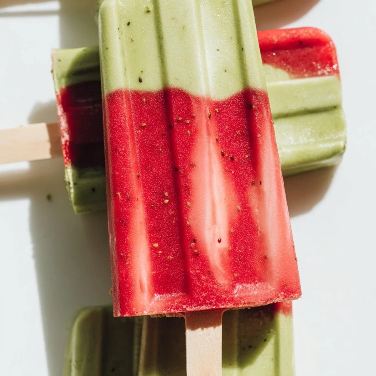 Frozen Strawberry Matcha Latte Popsicles showing creamy green and pink layers swirled together in a mold.