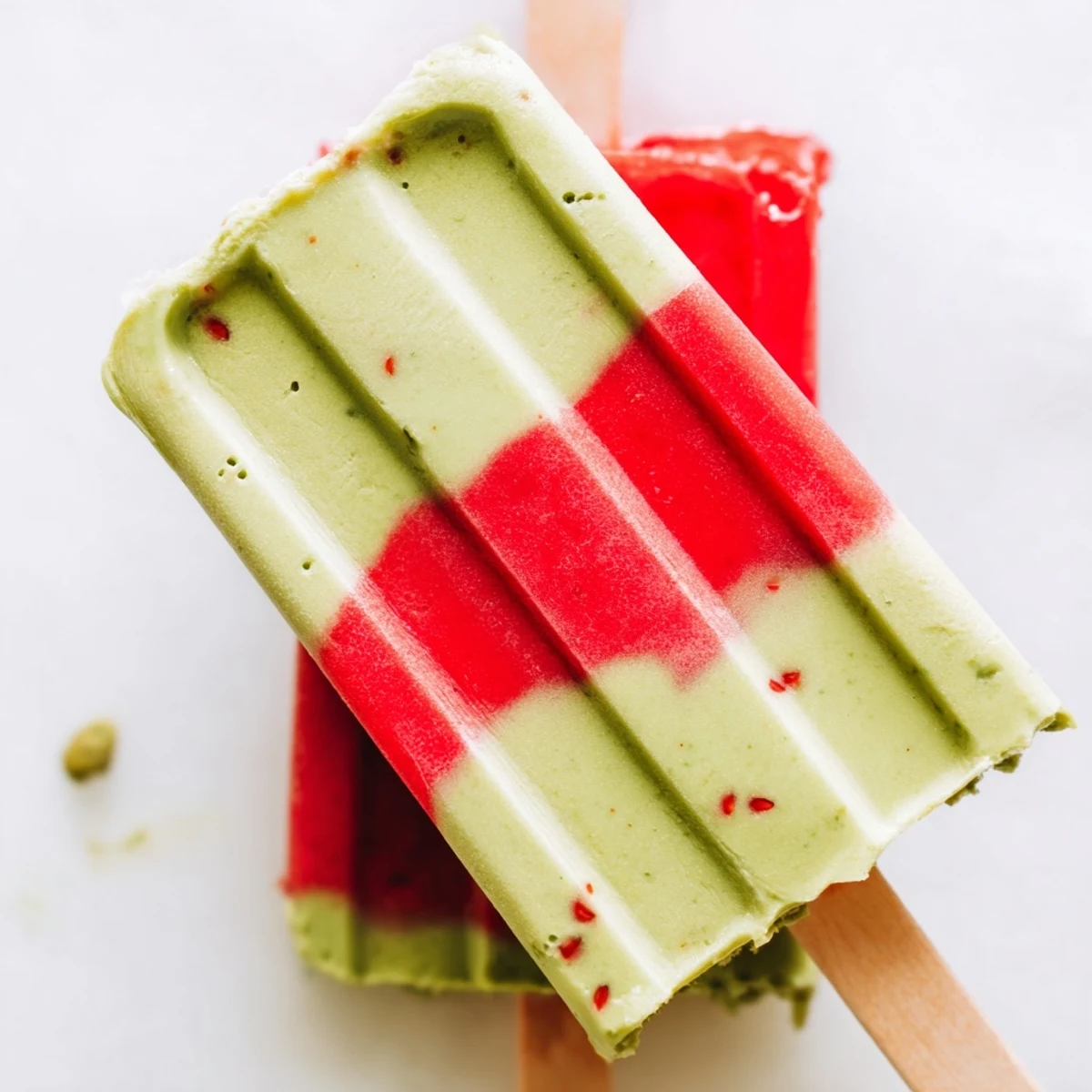 Vibrant Strawberry Matcha Latte Popsicles stacked on ice, highlighting the sweet strawberry and earthy matcha layers.