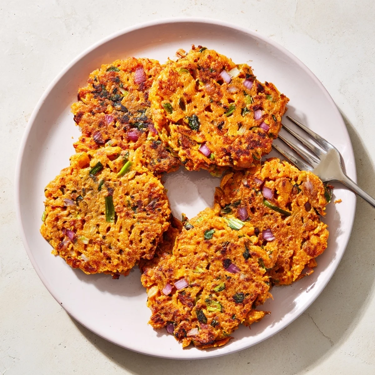 This close-up shows Healthy Sweet Potato Hash Browns garnished with spring onions on a rustic plate.