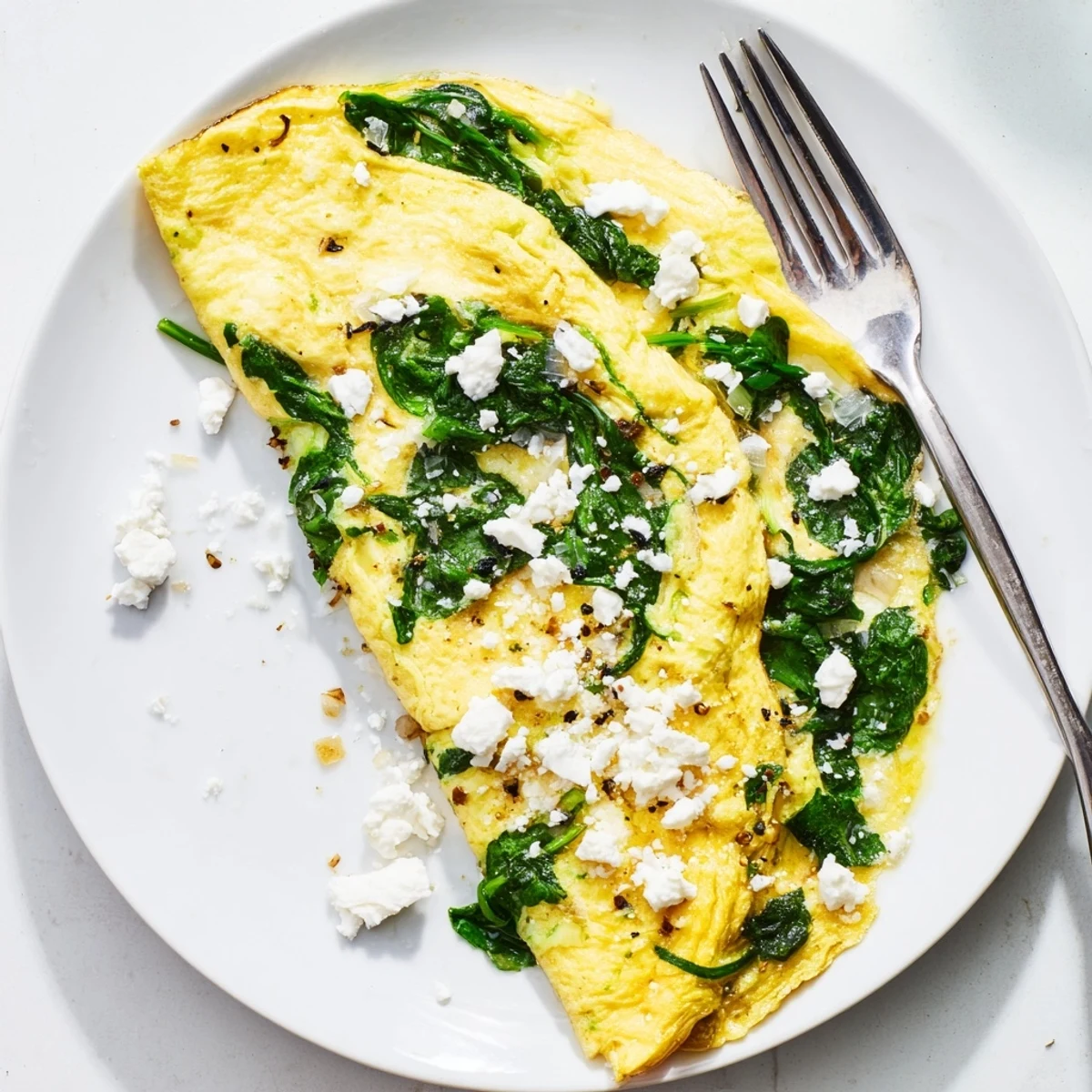 A close-up of a fluffy 15-Minute Spinach and Feta Omelet garnished with fresh herbs on a rustic plate.