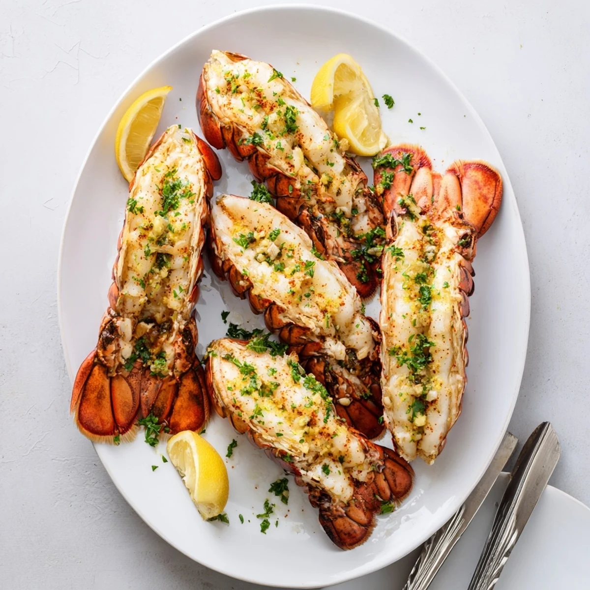 Smoked Lobster Tails With Garlic Butter glistening with rich, melted butter and fresh parsley on a serving platter.