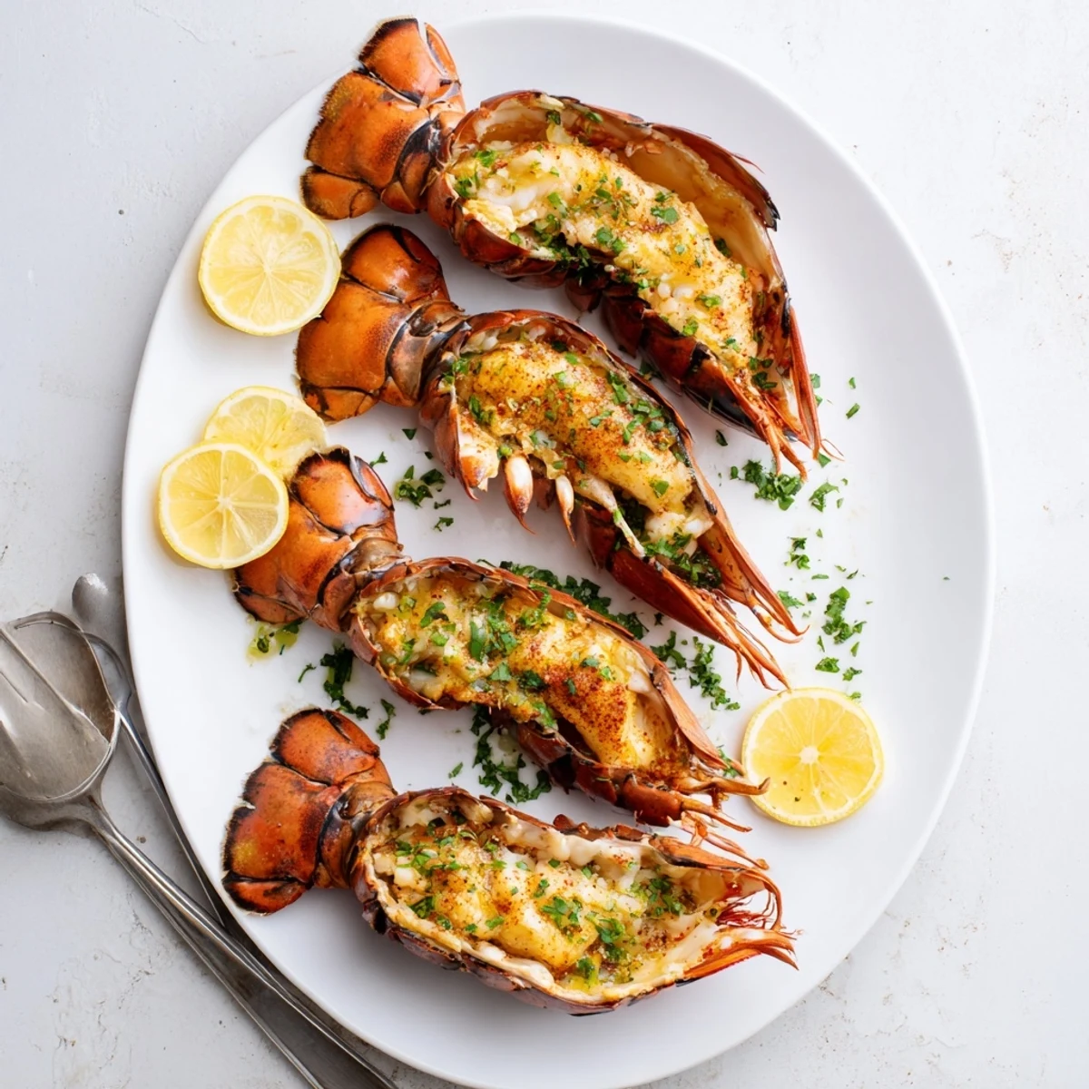 A close-up of Smoked Lobster Tails With Garlic Butter showcasing smoky char and aromatic garlic butter drizzle.