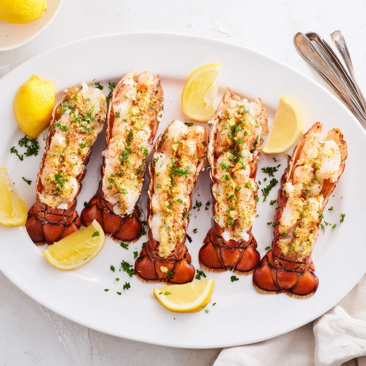 Tender Smoked Lobster Tails With Garlic Butter are plated beside grilled asparagus and lemon wedges for dinner.