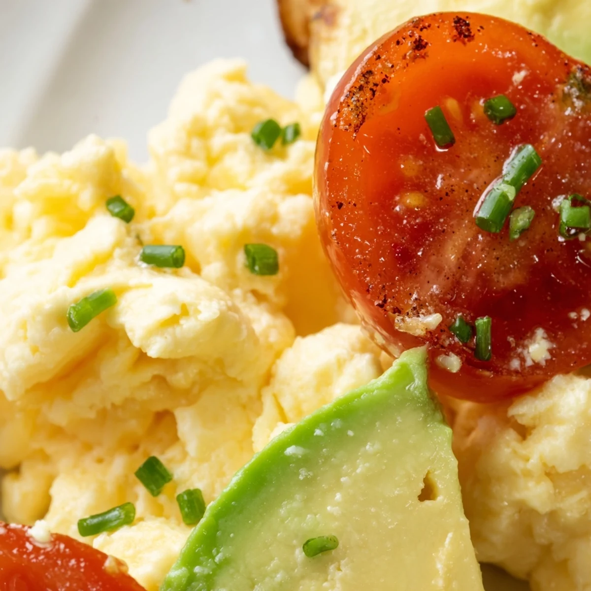 A close-up of Scrambled Eggs With Avocado Seared Tomato Delight with herbs and optional toast for a hearty brunch.