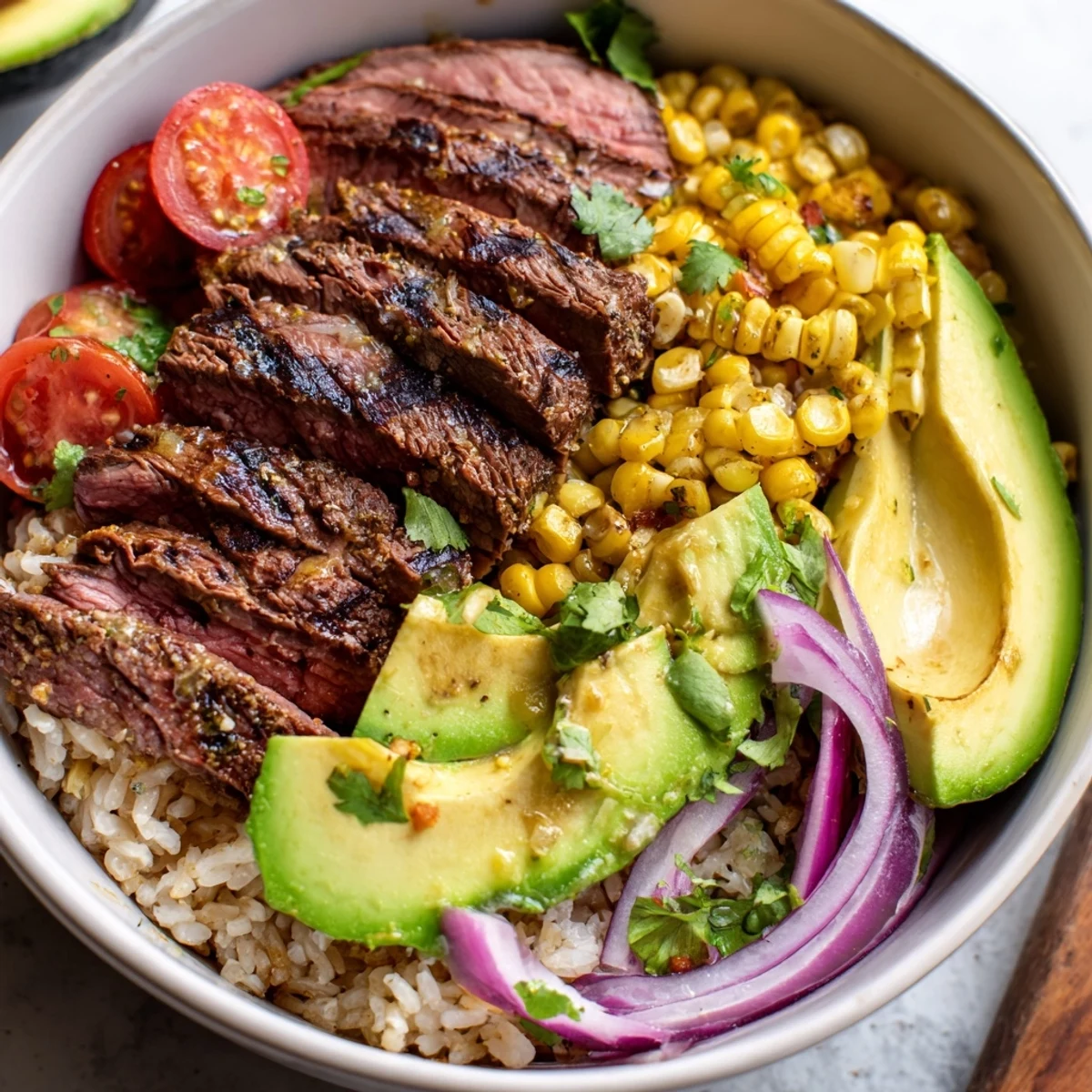 Juicy grilled steak and creamy avocado slices top roasted corn in this vibrant Steak Avocado Roasted Corn Bowl, served over brown rice.