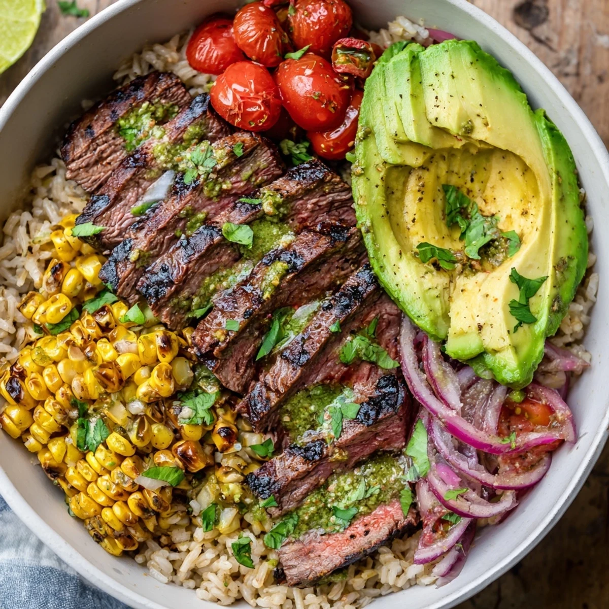 Tender flank steak rests beside golden roasted corn kernels, avocado slices, and cherry tomatoes in a warm Steak Avocado Roasted Corn Bowl.